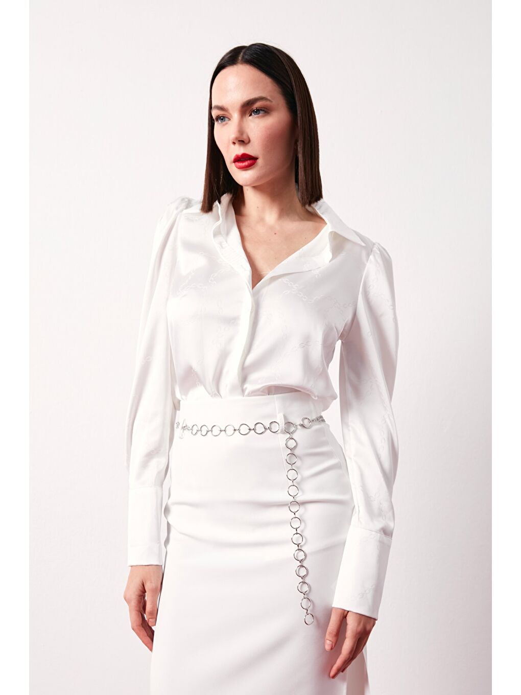 Vatkalı Desenli Saten Gömlek - Ekru-3