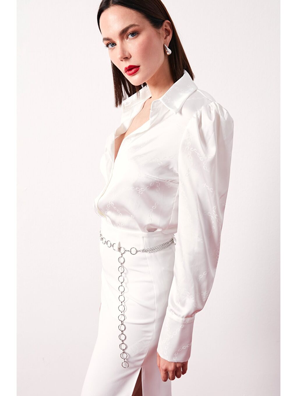 Vatkalı Desenli Saten Gömlek - Ekru-4