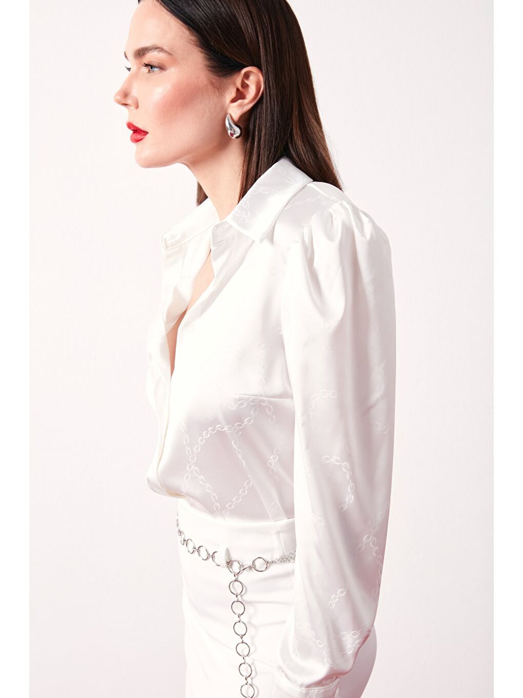 Vatkalı Desenli Saten Gömlek - Ekru-5