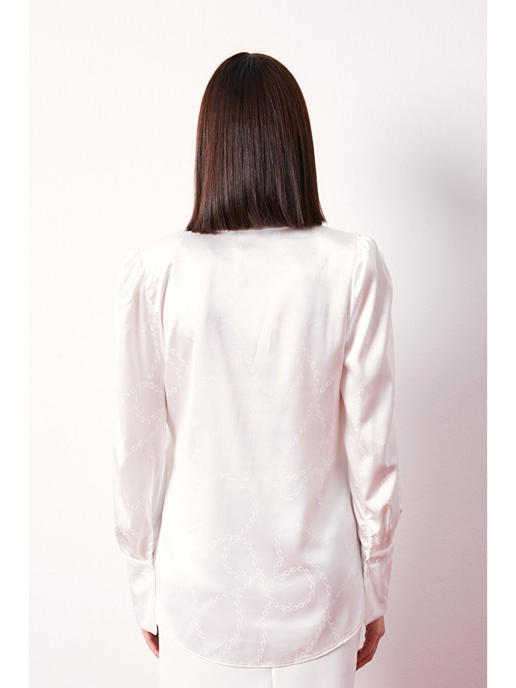 Vatkalı Desenli Saten Gömlek - Ekru-7