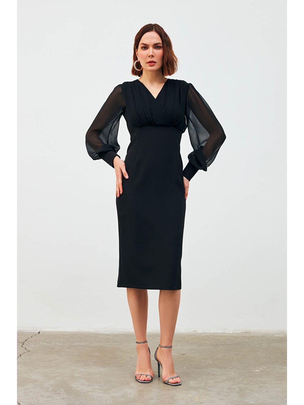 Kruvaze Şifon Detaylı Kalem Elbise - Siyah-2