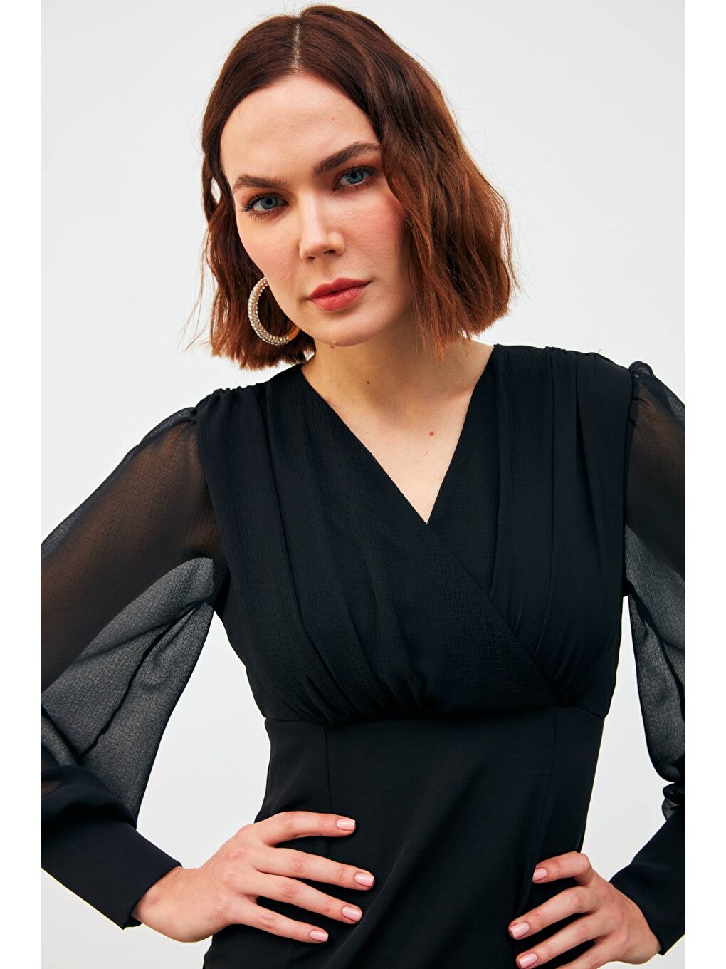 Kruvaze Şifon Detaylı Kalem Elbise - Siyah-3