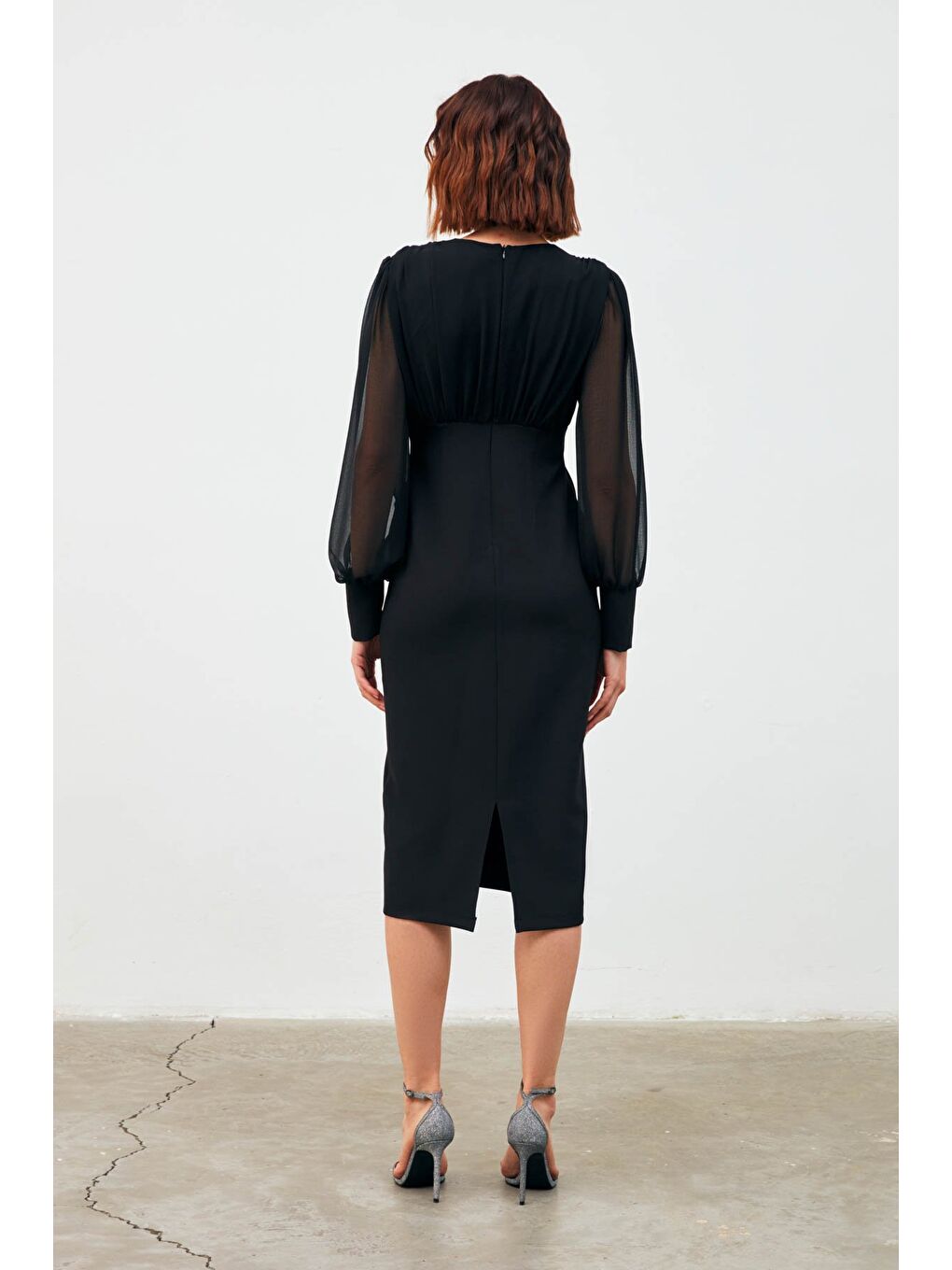 Kruvaze Şifon Detaylı Kalem Elbise - Siyah-4