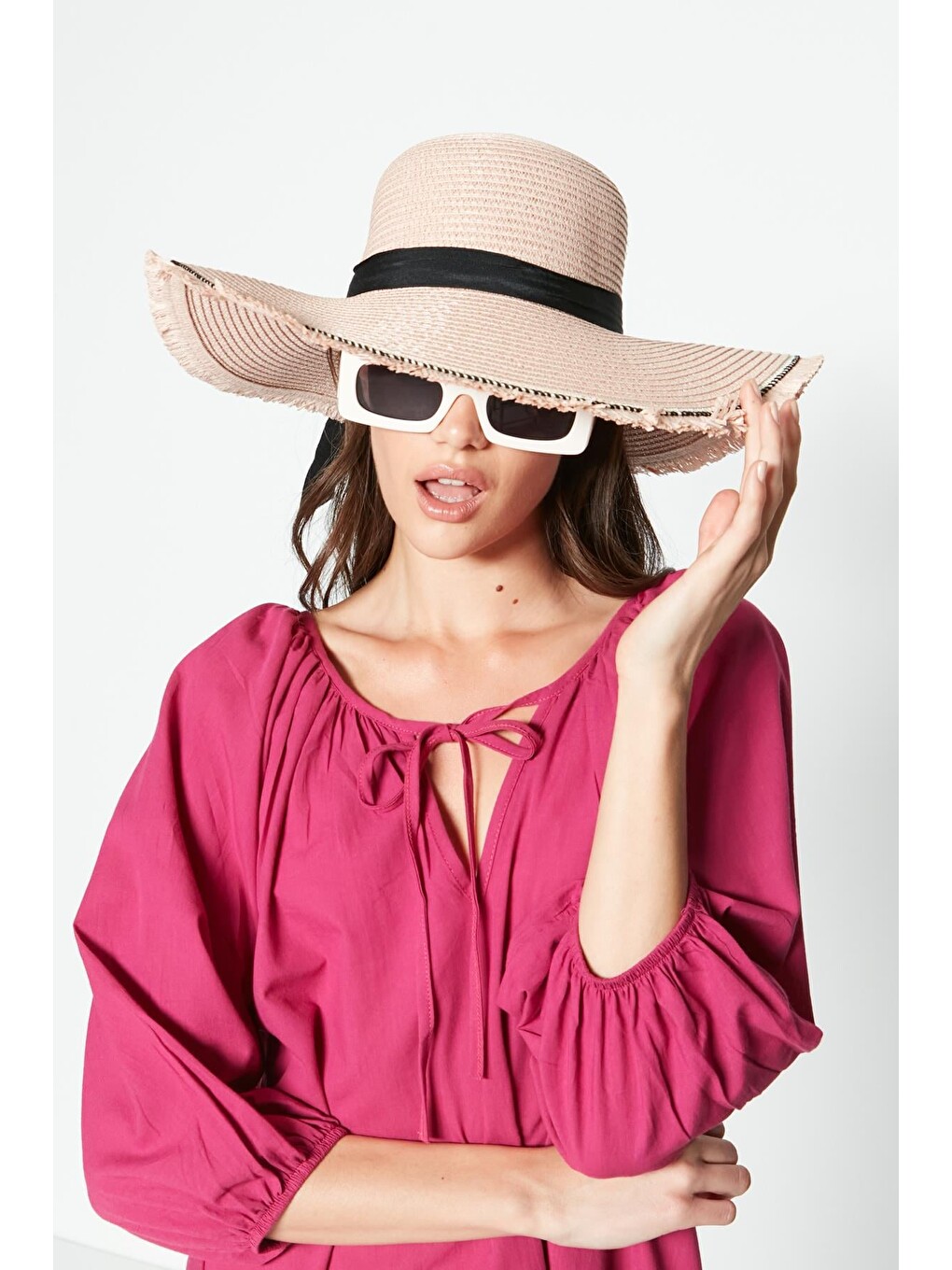 Pembe Hasır Plaj Şapkası Y23730-31 Pudra