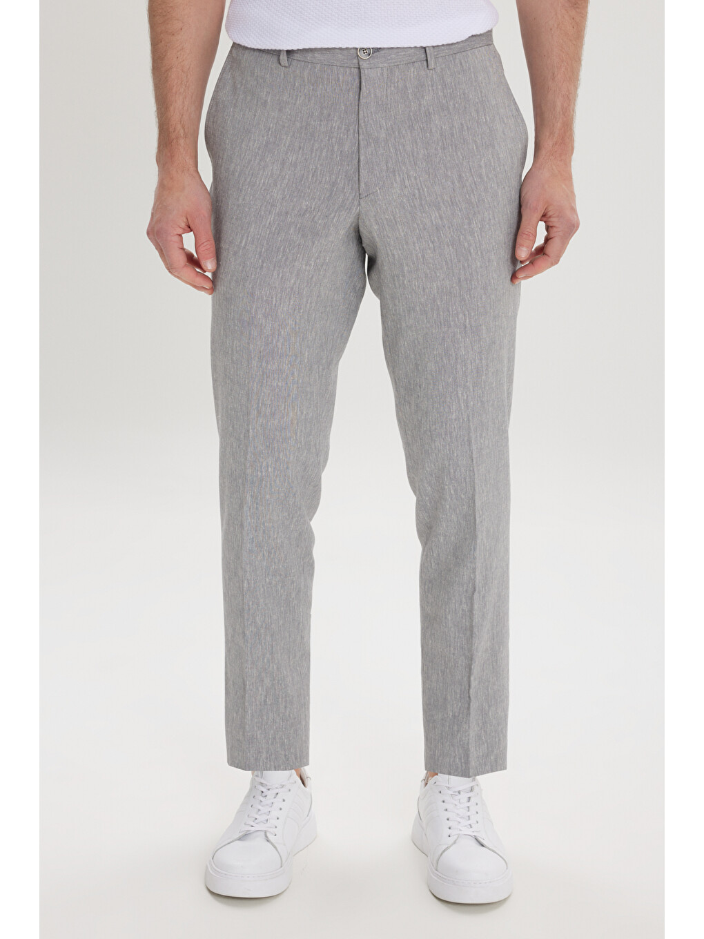 Erkek Gri Slim Fit Dar Kesim Keten Pamuk Yan Cepli Desenli Esnek Pantolon-1