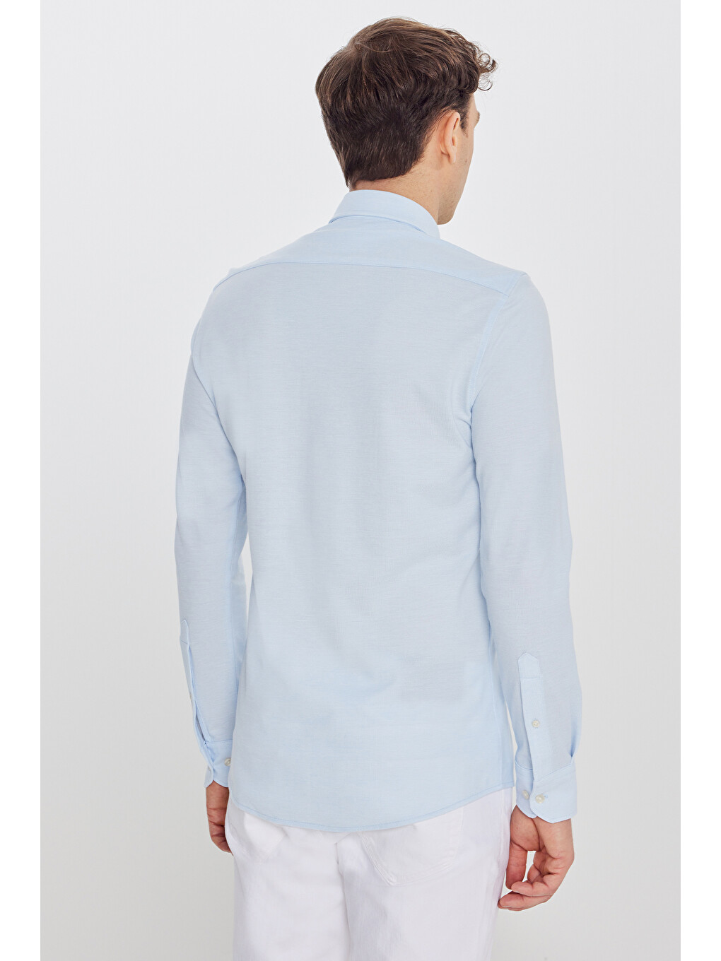 Erkek Mavi 360 Her Yöne Esneyen Pamuklu Tailored Slim Fit Dar Kesim Düğmeli Yaka Örme Gömlek-4