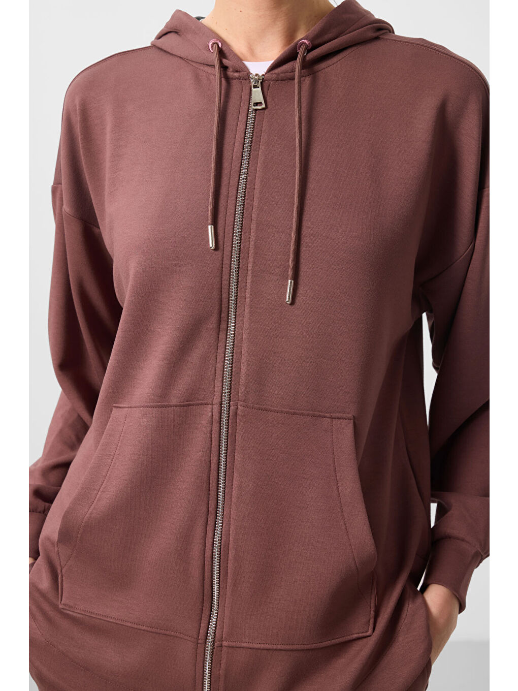 Kahverengi Yumuşak Dokulu Kapüşonlu Oversize Kadın Tunik Sweatshirt   97302-4