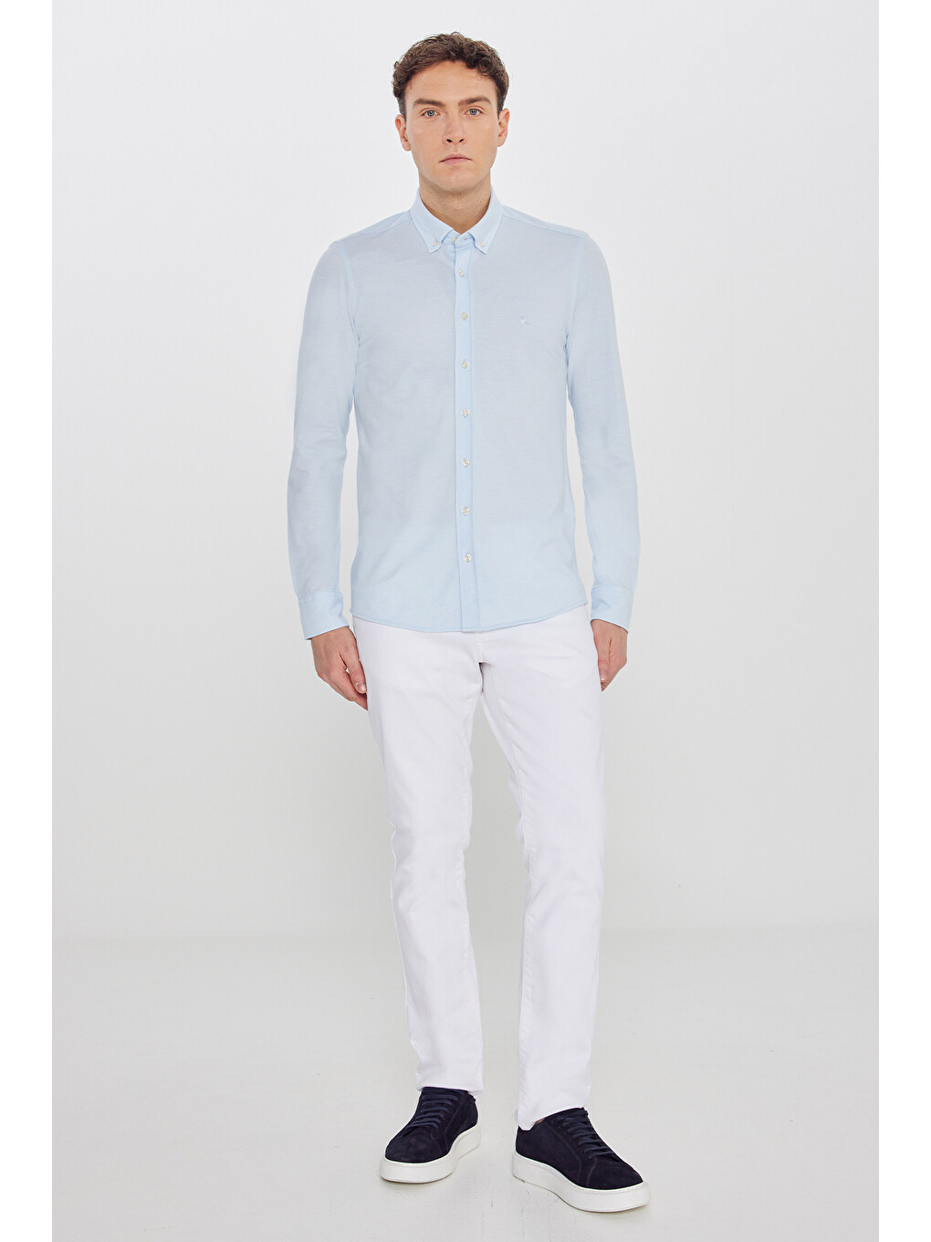 Erkek Mavi 360 Her Yöne Esneyen Pamuklu Tailored Slim Fit Dar Kesim Düğmeli Yaka Örme Gömlek-1