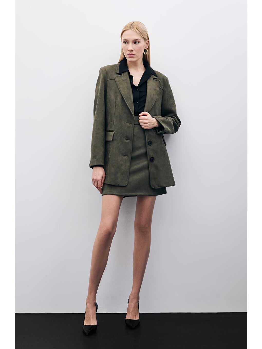 Kısa Süet Etek - Haki