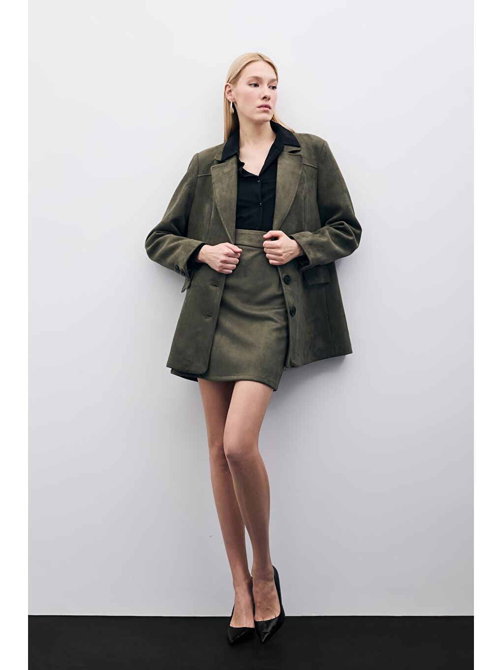 Kısa Süet Etek - Haki-1