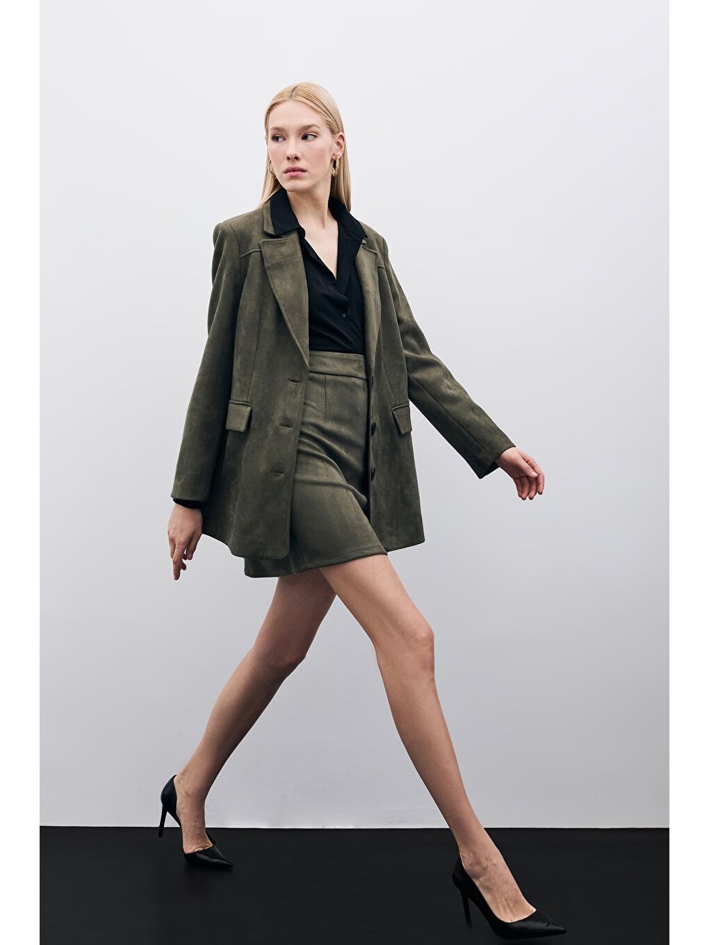 Kısa Süet Etek - Haki-2