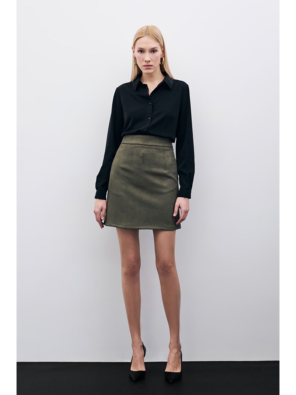 Kısa Süet Etek - Haki-3