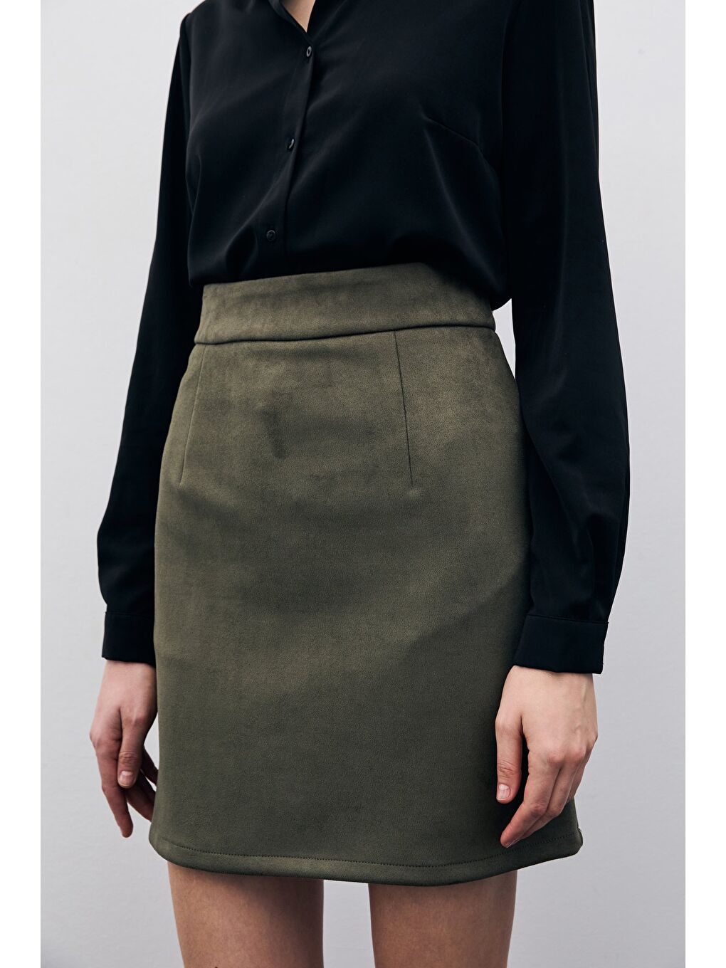Kısa Süet Etek - Haki-4