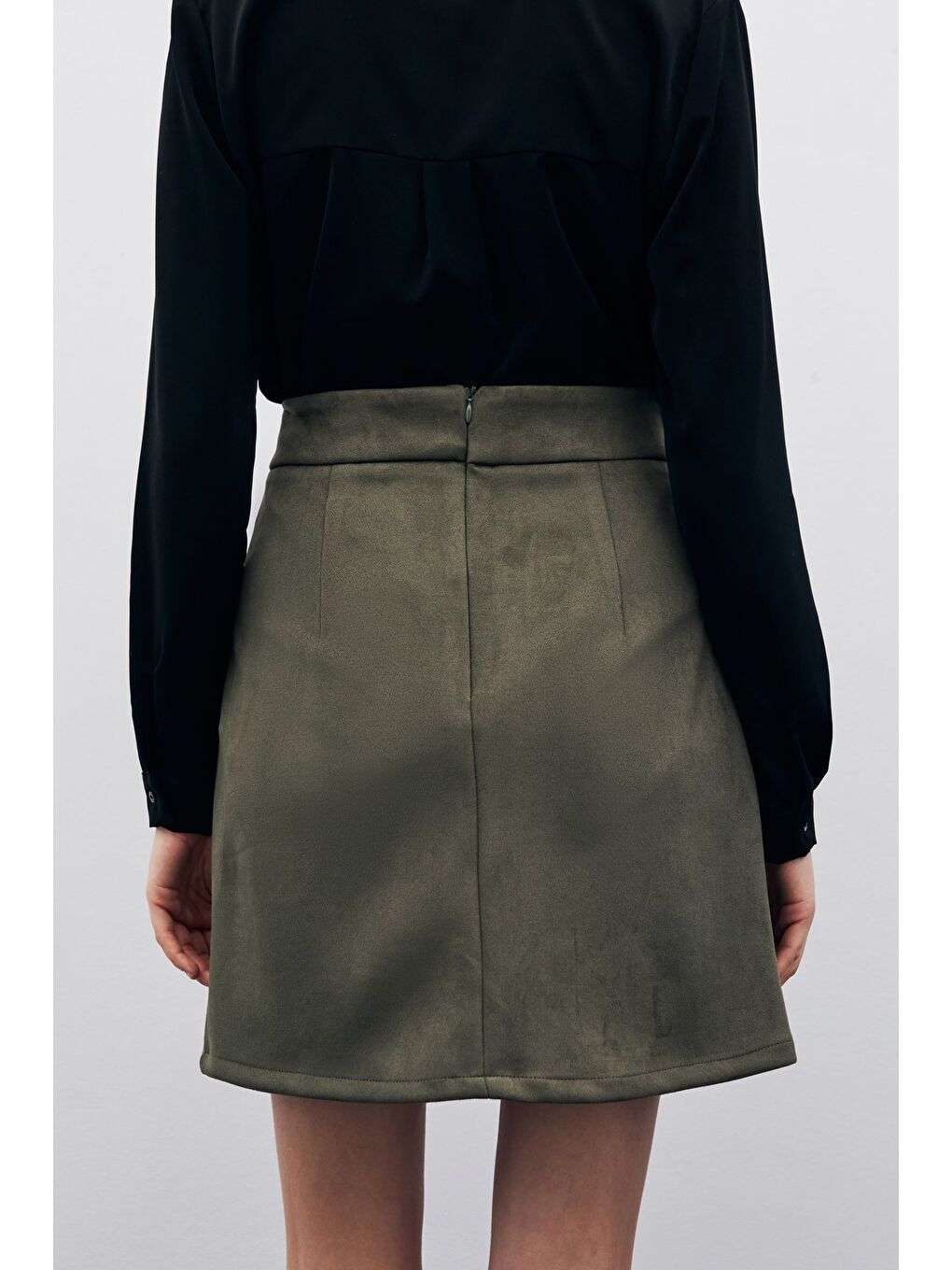 Kısa Süet Etek - Haki-5