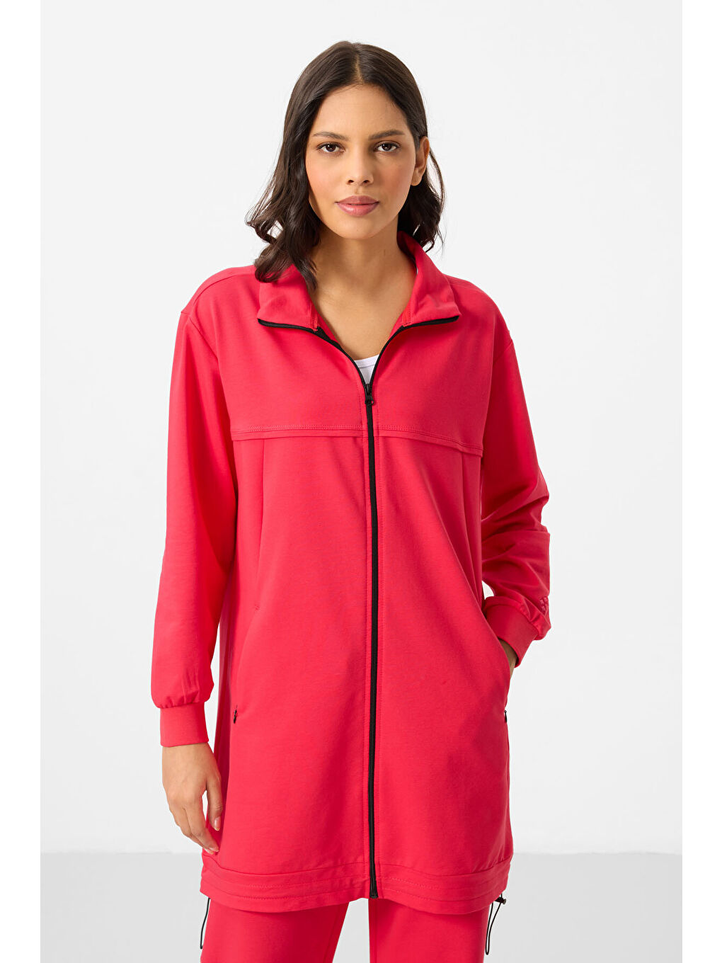 Viva Kırmızı Dik Yaka Fermuarlı Pamuklu Kadın Eşofman Tunik Takım - 95346-1