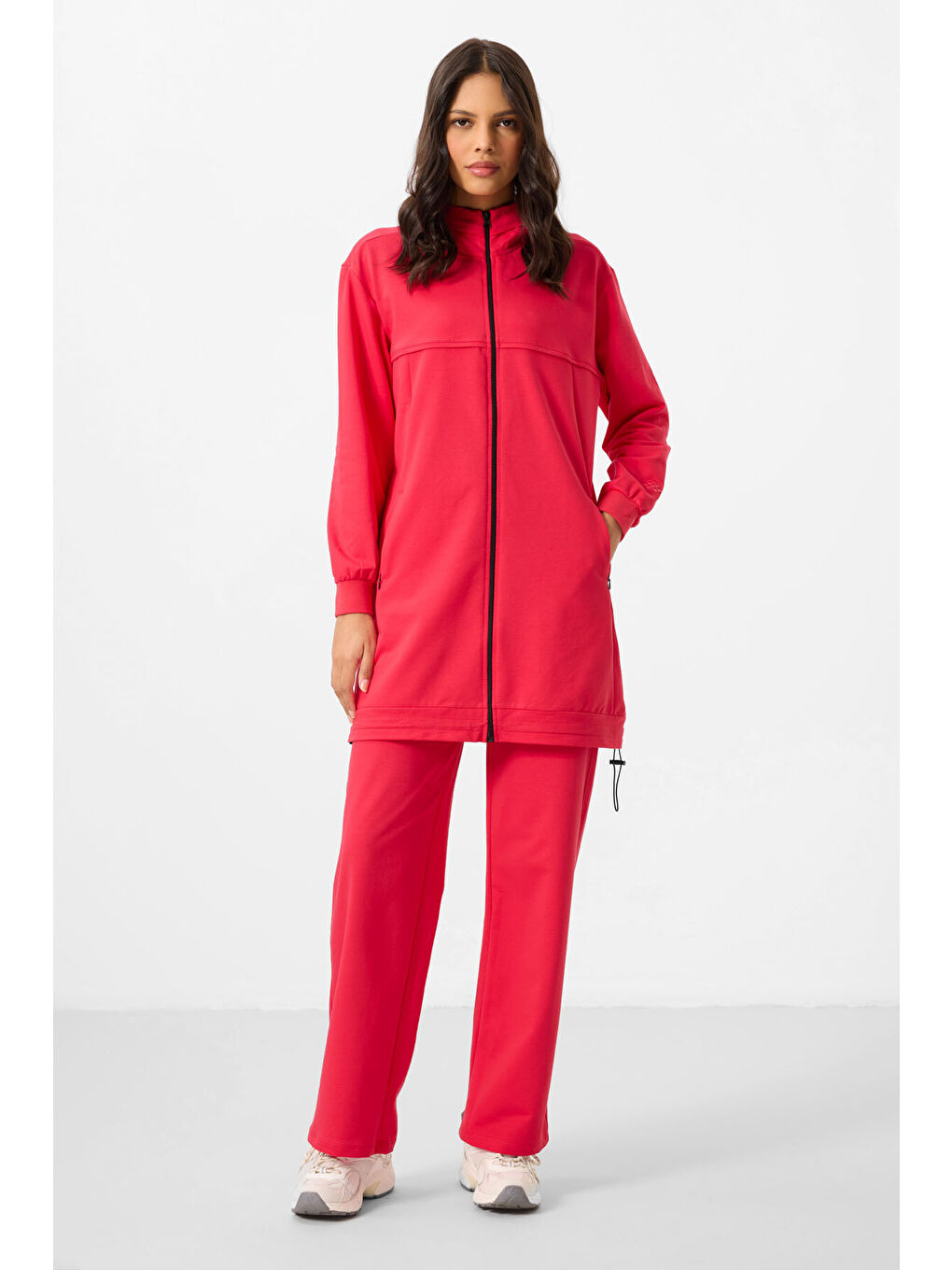 Viva Kırmızı Dik Yaka Fermuarlı Pamuklu Kadın Eşofman Tunik Takım - 95346-3