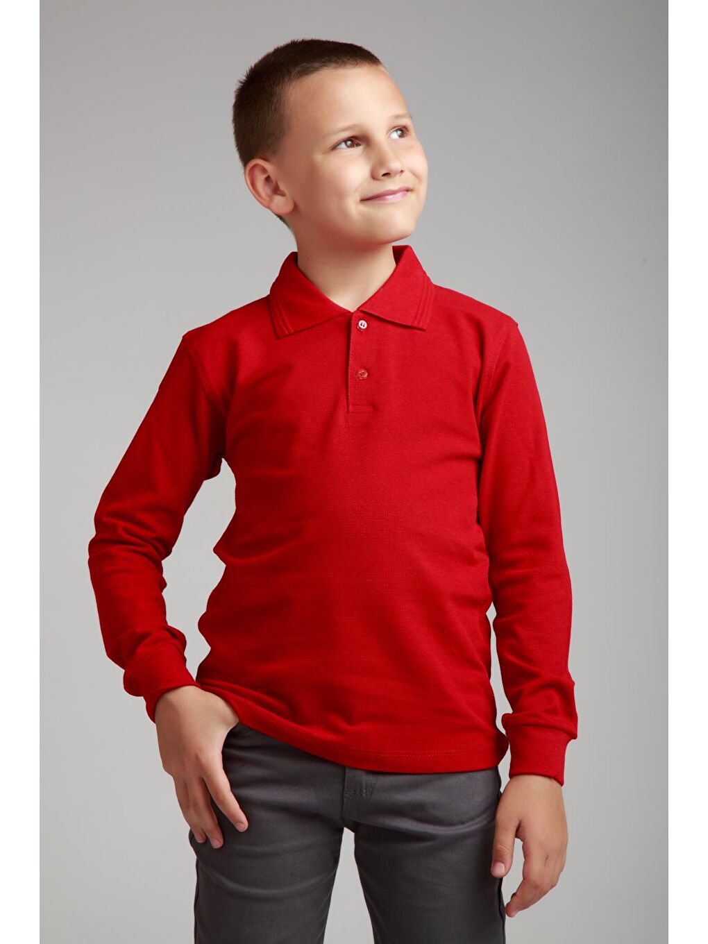 Kırmızı Kids Polo Yaka Basic Uzun Kollu Erkek Çocuk Tişört