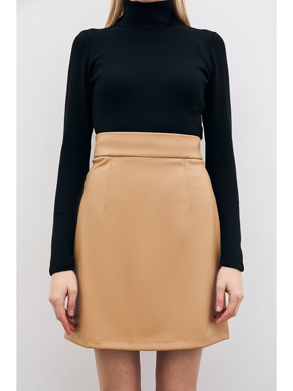 Mini Deri Etek - Bej-4