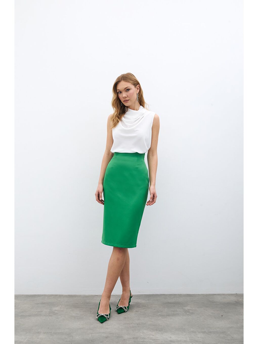 Düz Kalem Etek - Yeşil-1