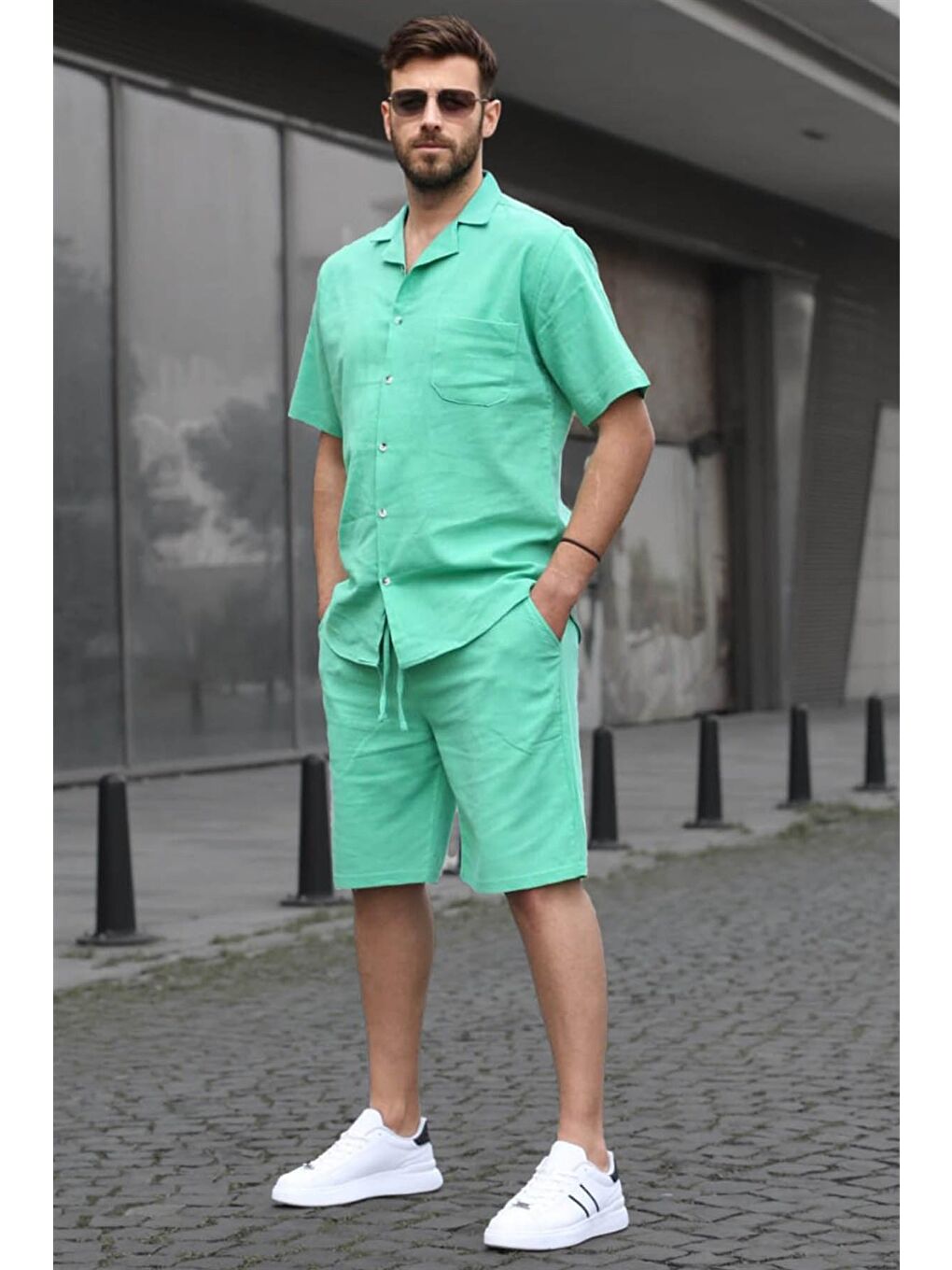 Erkek Yeşil Basic Oversize Gömlek %100 Pamuk Takımı 5588-1