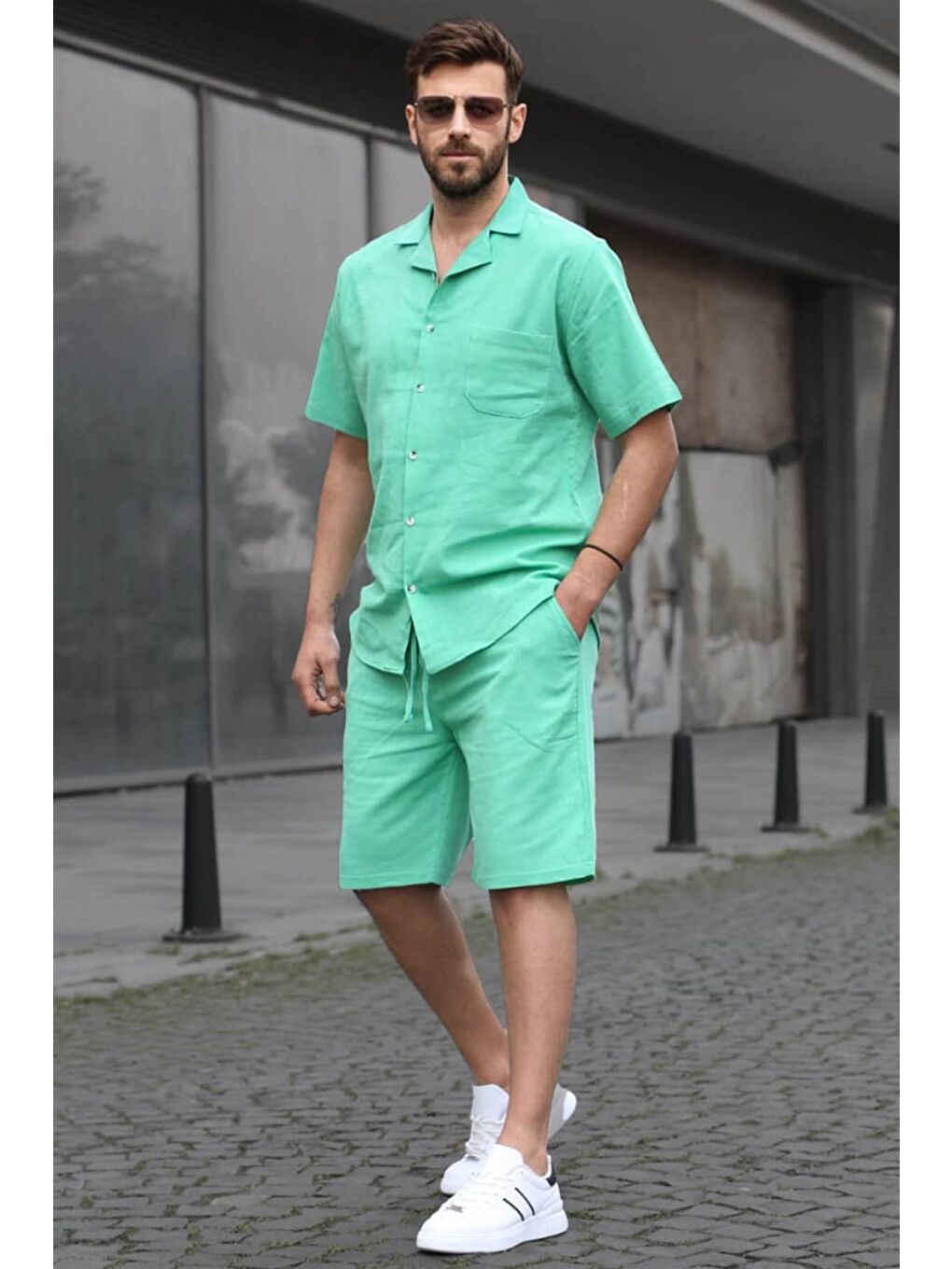 Erkek Yeşil Basic Oversize Gömlek %100 Pamuk Takımı 5588-2