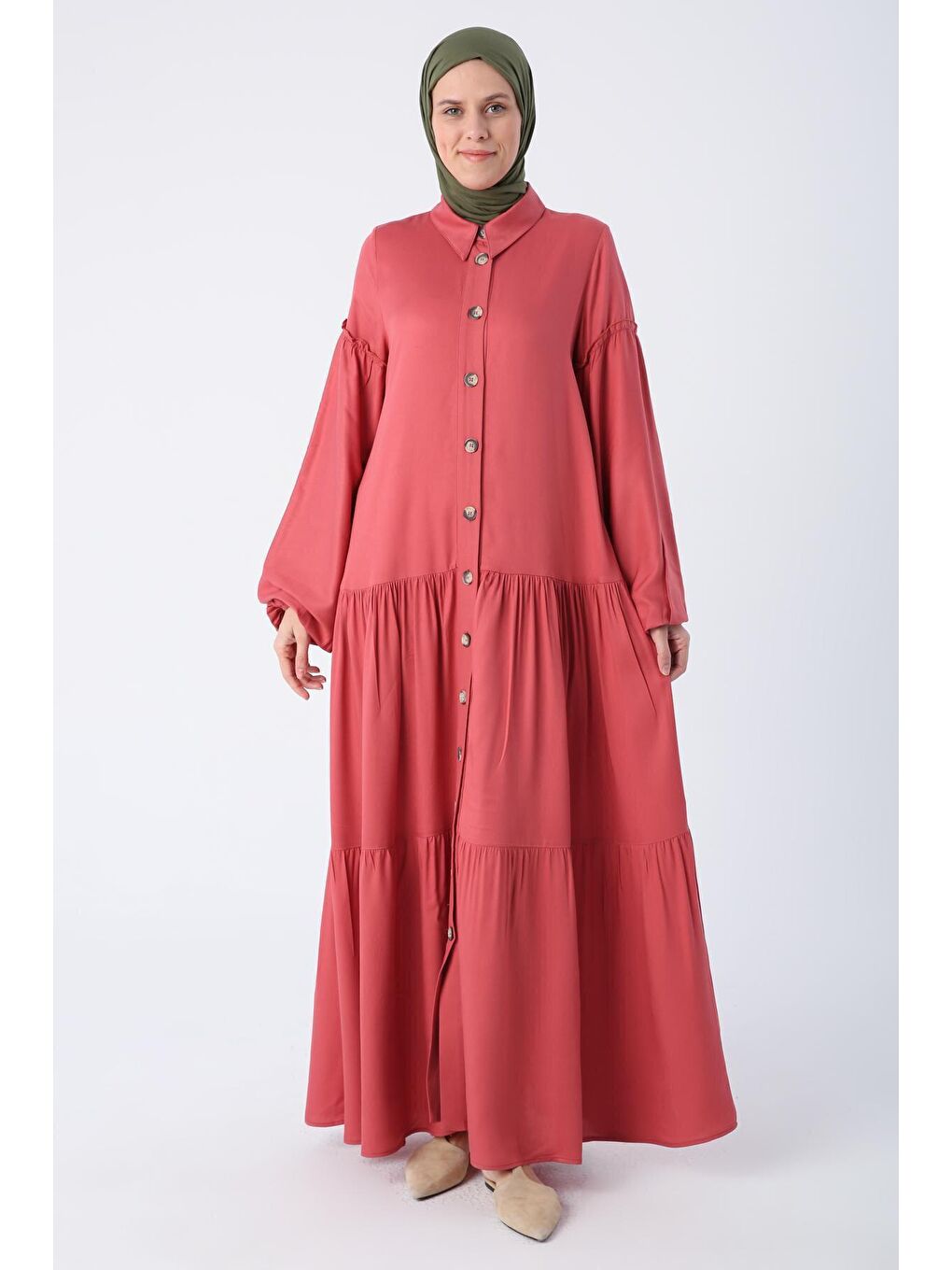 Pembe Gül Kurusu %100 Viskon Eteği Ve Kolları Fırfırlı Gömlek Elbise-1