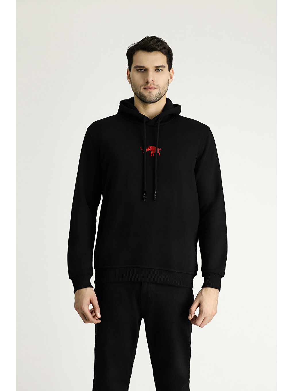 Siyah Kapüşonlu Nakışlı Pamuklu Sweatshirt-3