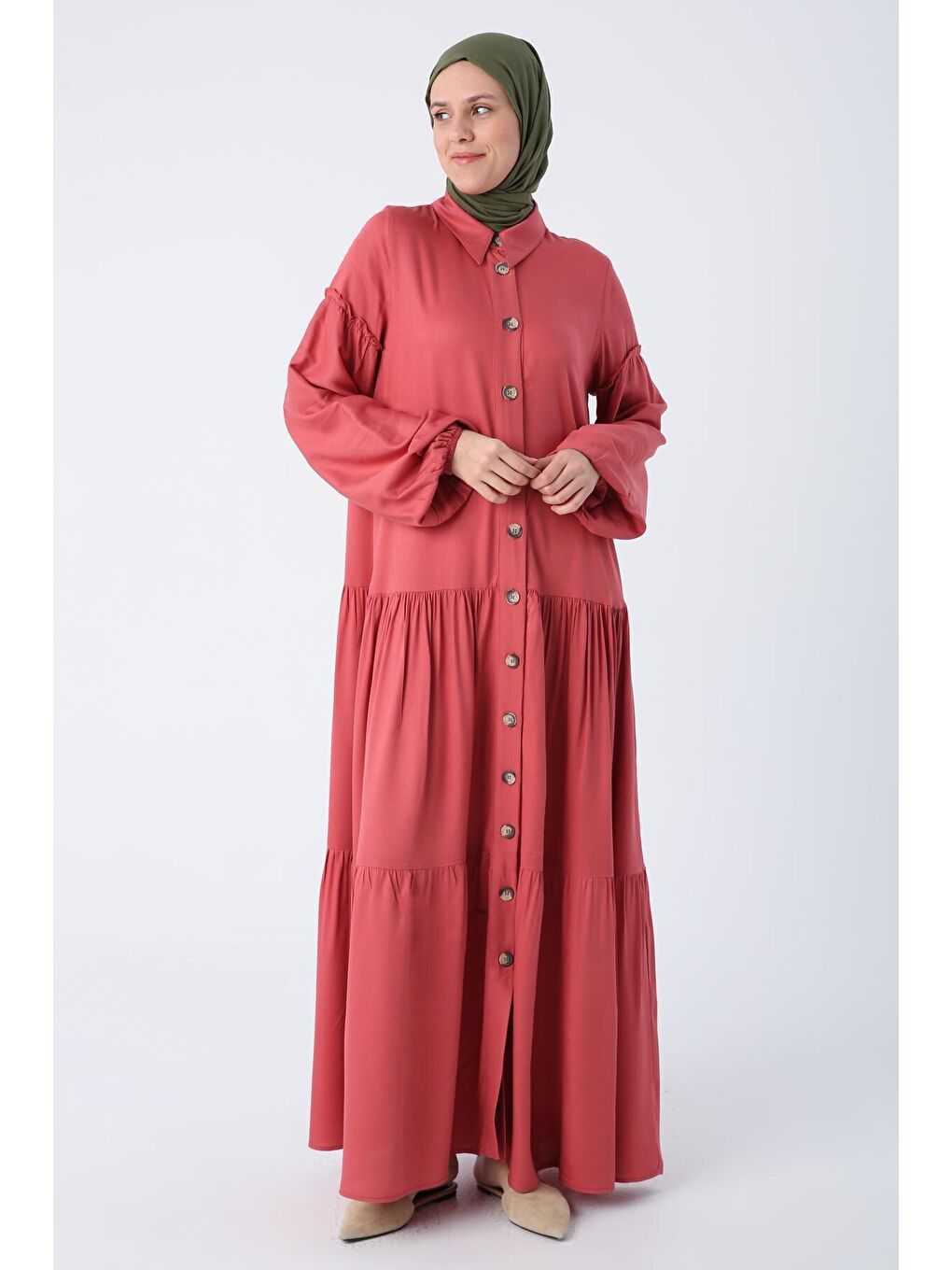 Pembe Gül Kurusu %100 Viskon Eteği Ve Kolları Fırfırlı Gömlek Elbise-2