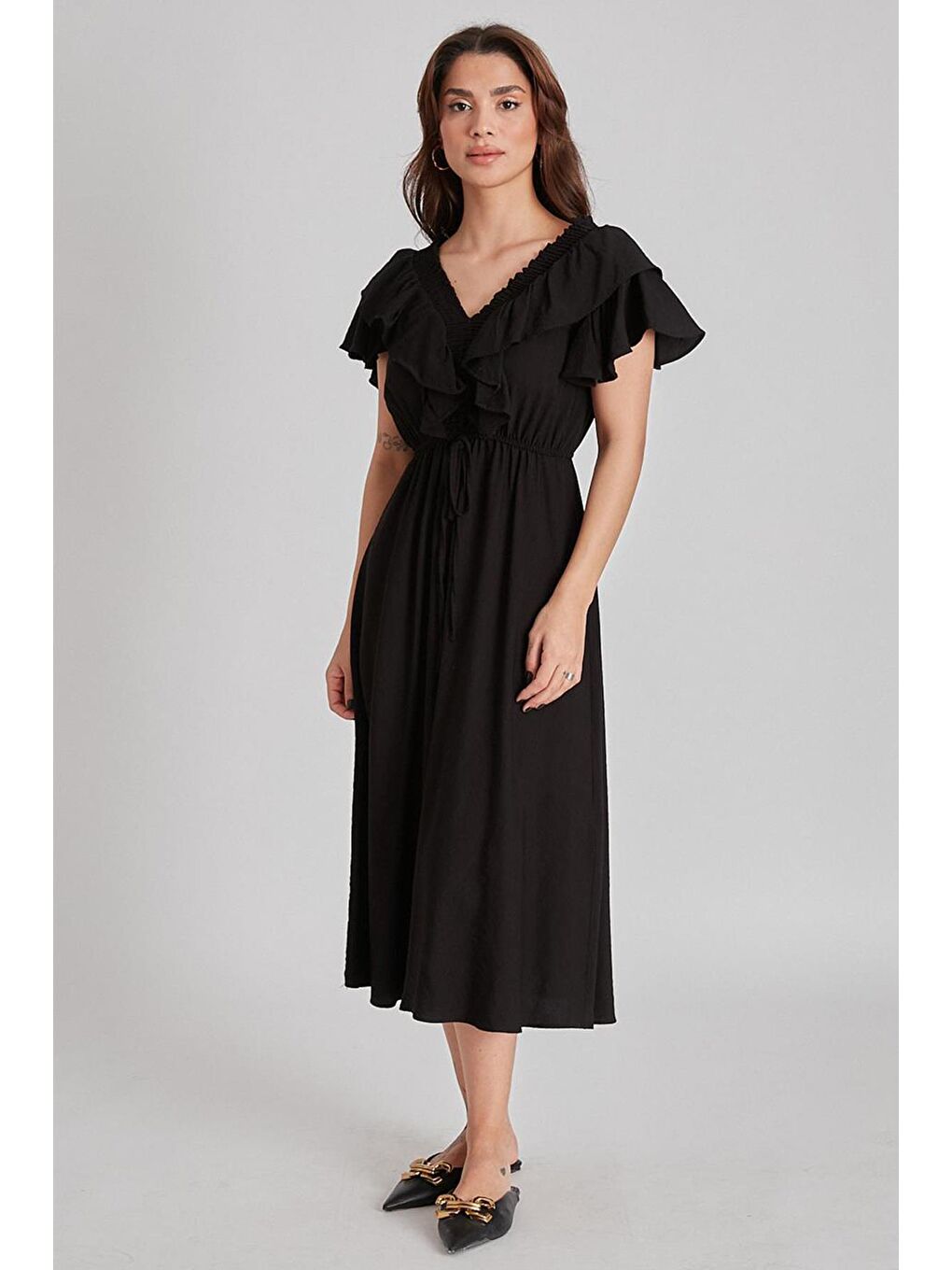 Siyah V Yaka Gipeli Elbise MG1842-2