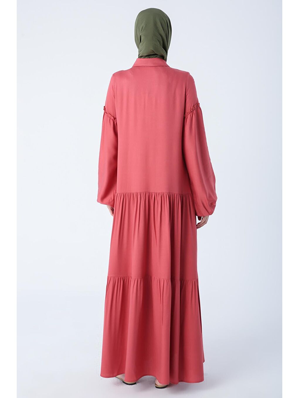 Pembe Gül Kurusu %100 Viskon Eteği Ve Kolları Fırfırlı Gömlek Elbise-3