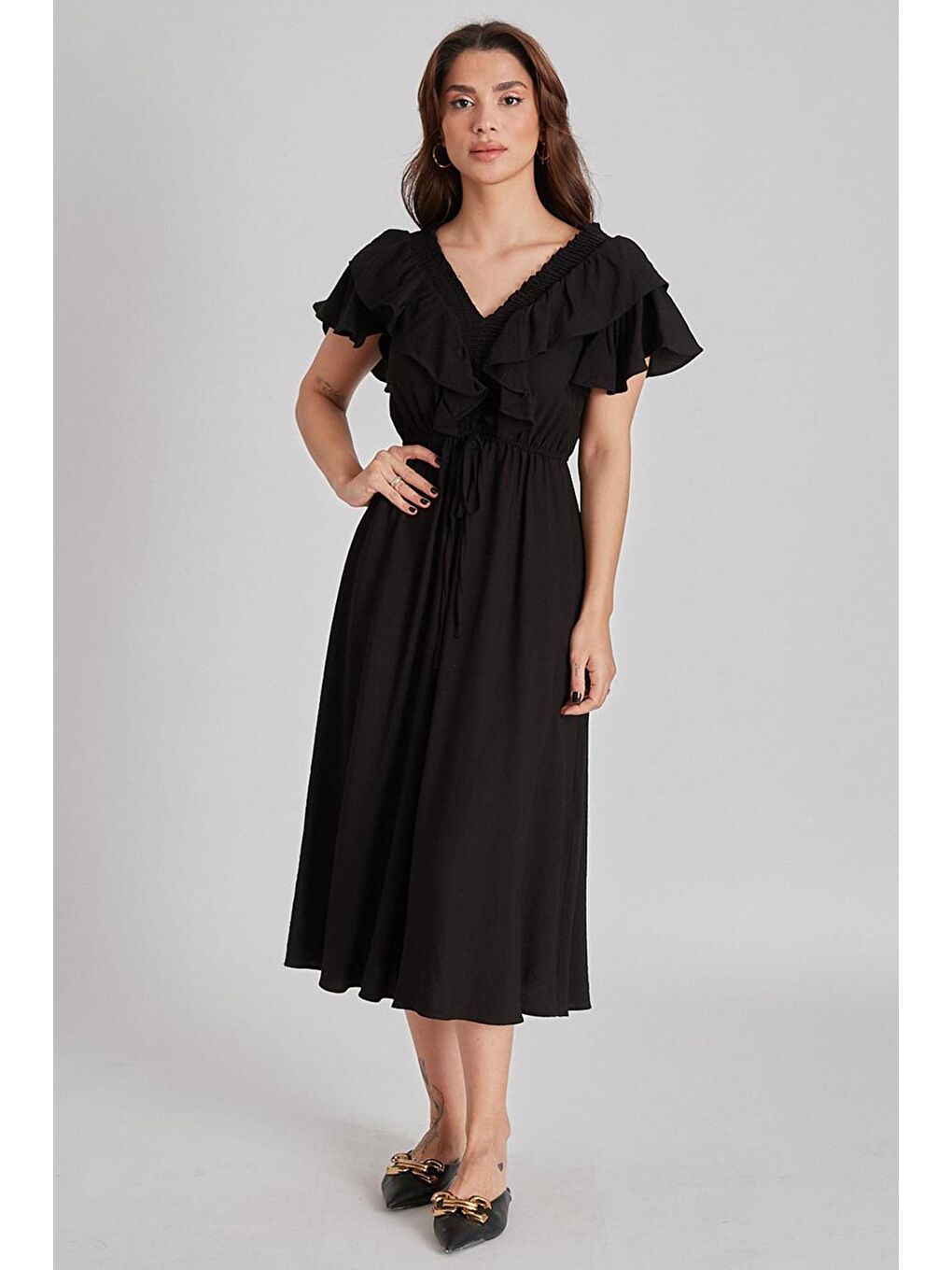 Siyah V Yaka Gipeli Elbise MG1842-3