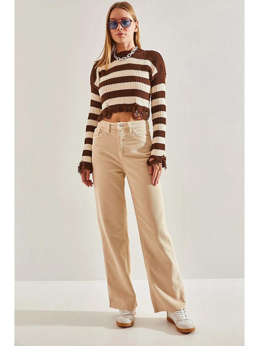 Bej Kadın Fitilli Kadife Pantolon-4