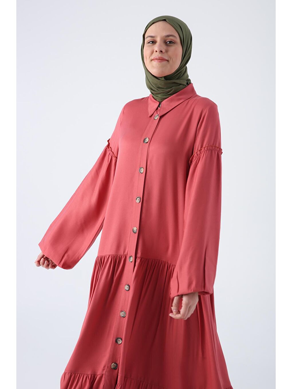 Pembe Gül Kurusu %100 Viskon Eteği Ve Kolları Fırfırlı Gömlek Elbise-4