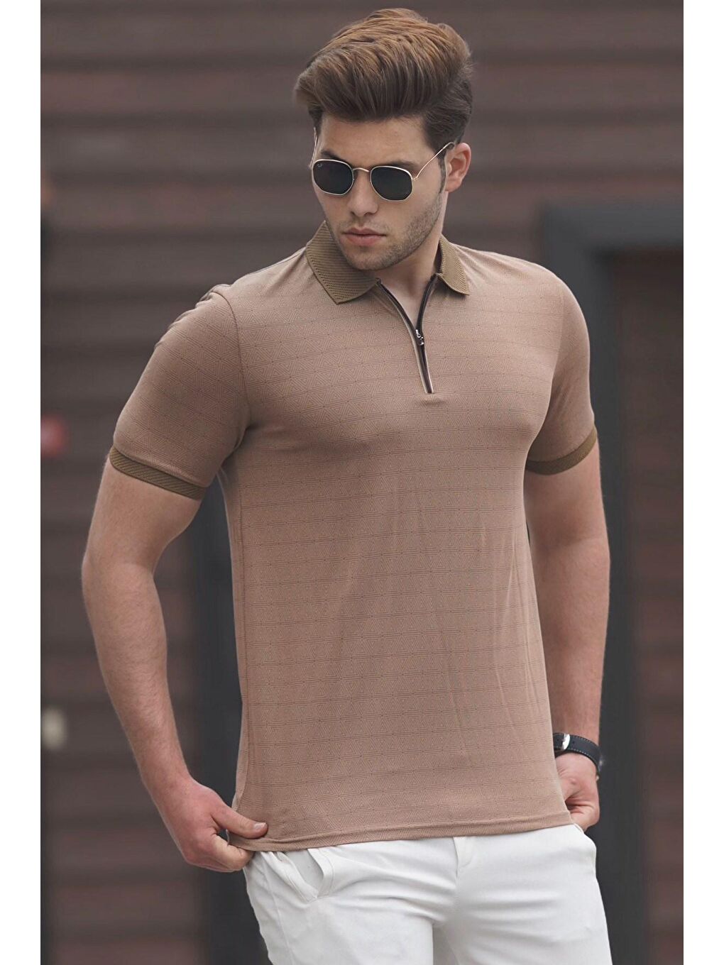 Bej Camel Polo Yaka Erkek Triko Tişört 5117