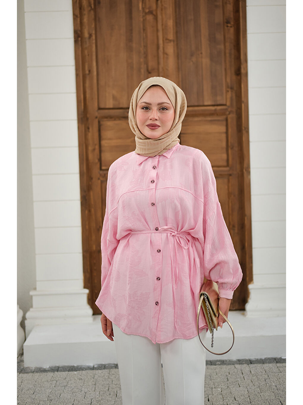 Kadın Yaprak Desen Bel Bağlamalı Gömlek Pembe