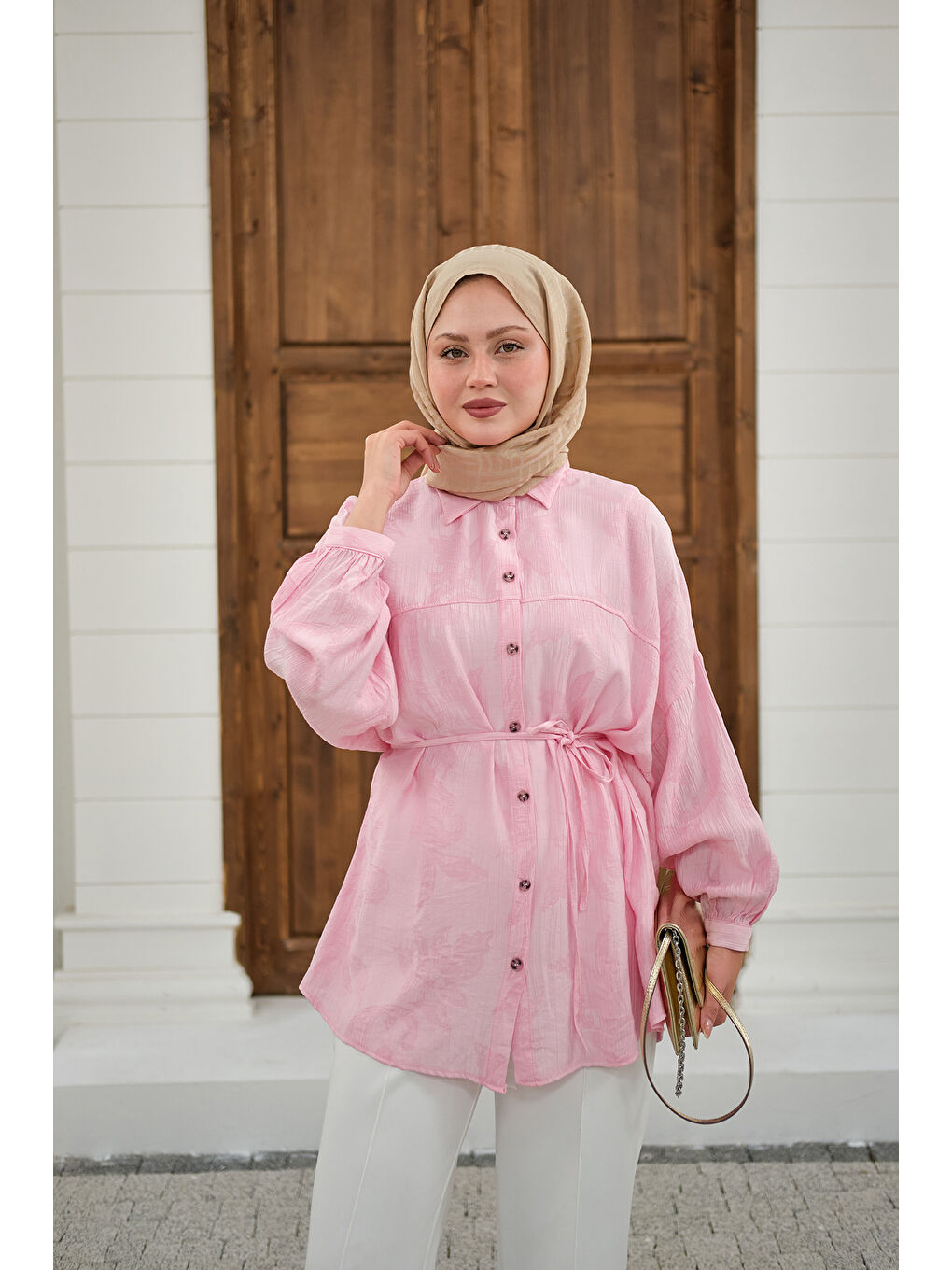 Kadın Yaprak Desen Bel Bağlamalı Gömlek Pembe-1
