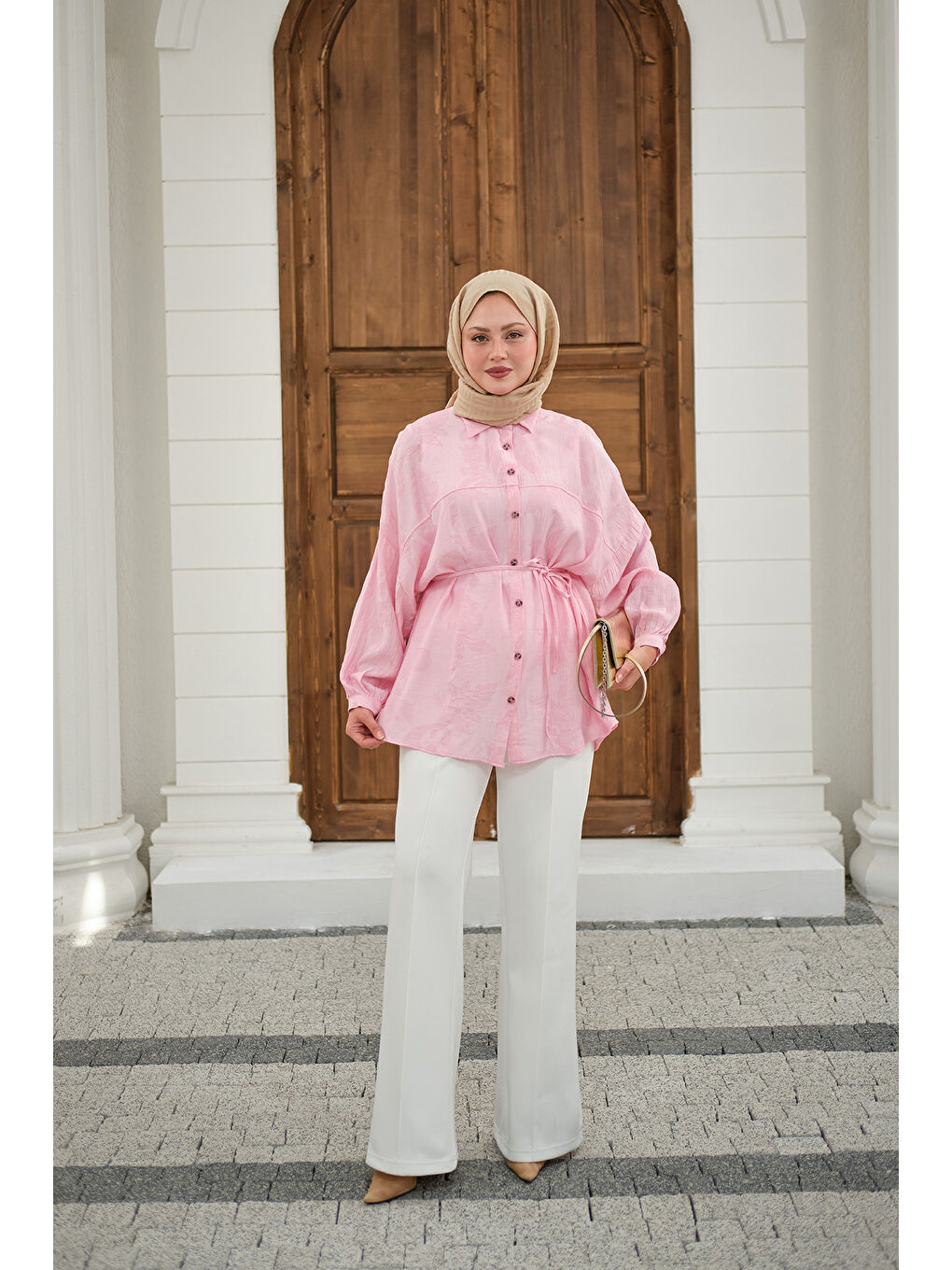 Kadın Yaprak Desen Bel Bağlamalı Gömlek Pembe-2