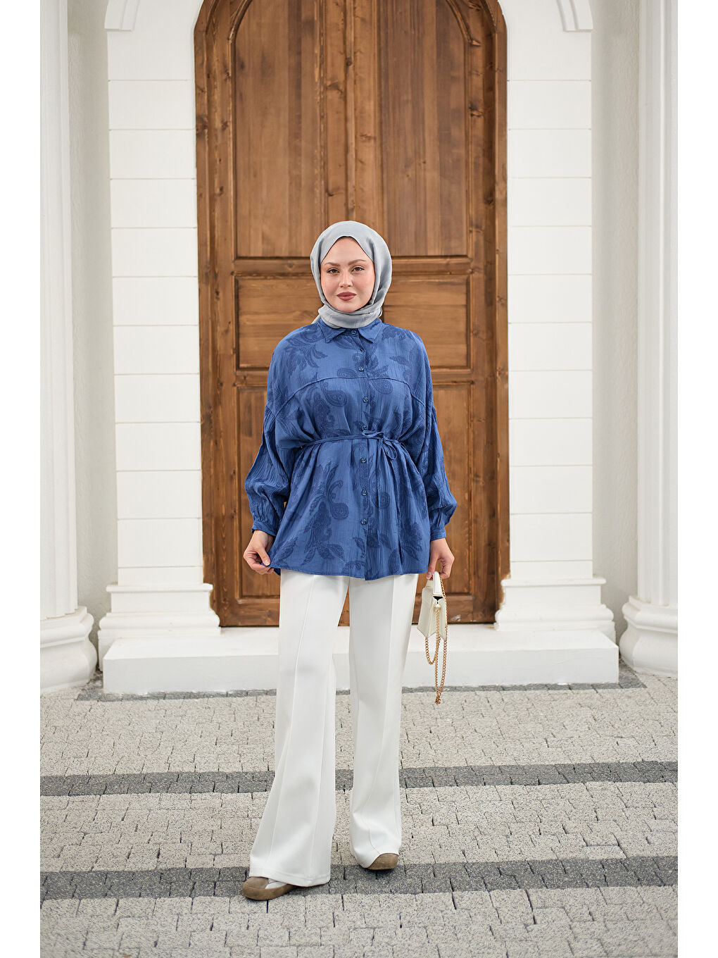 Kadın Yaprak Desen Bel Bağlamalı Gömlek Lacivert-2