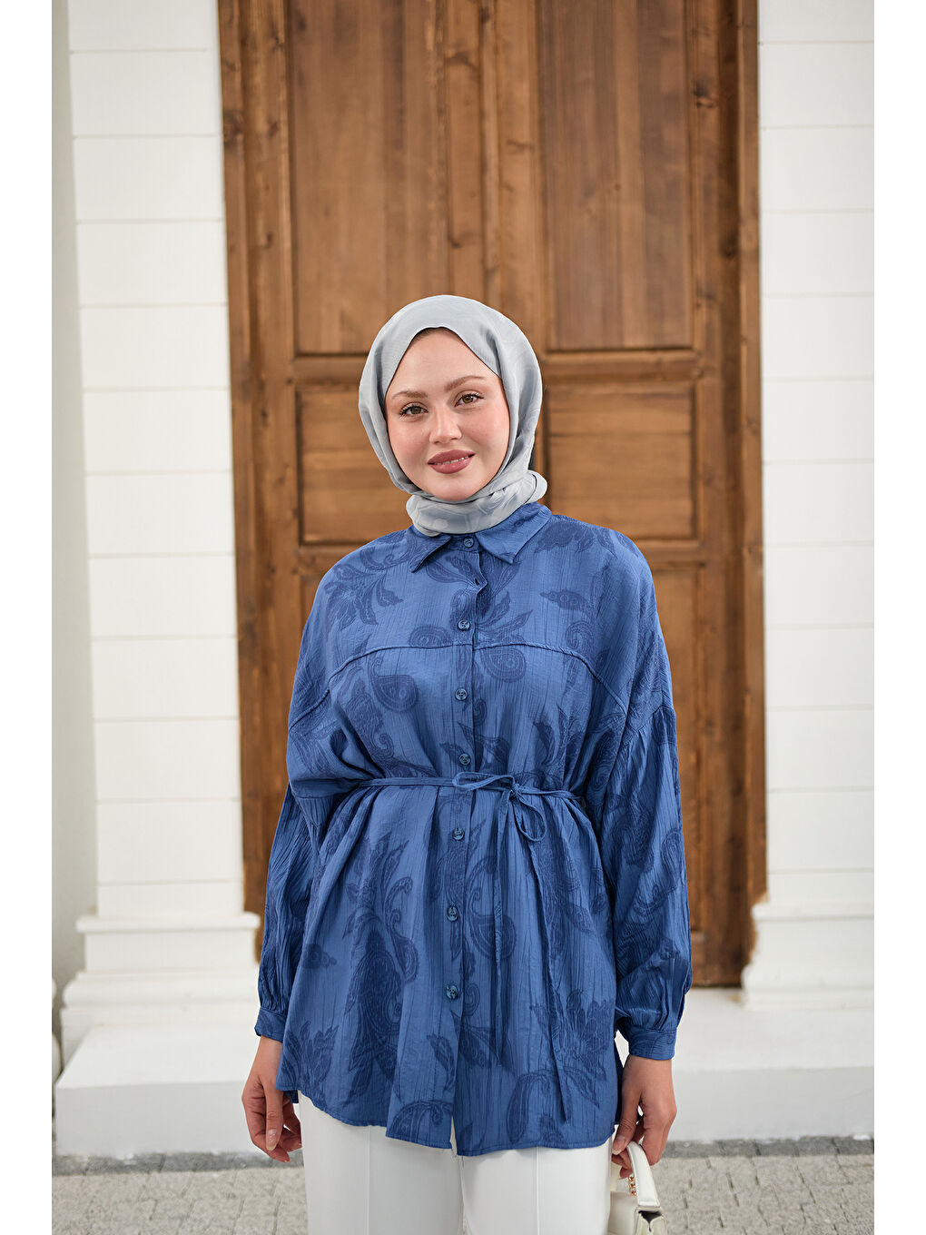 Kadın Yaprak Desen Bel Bağlamalı Gömlek Lacivert-3