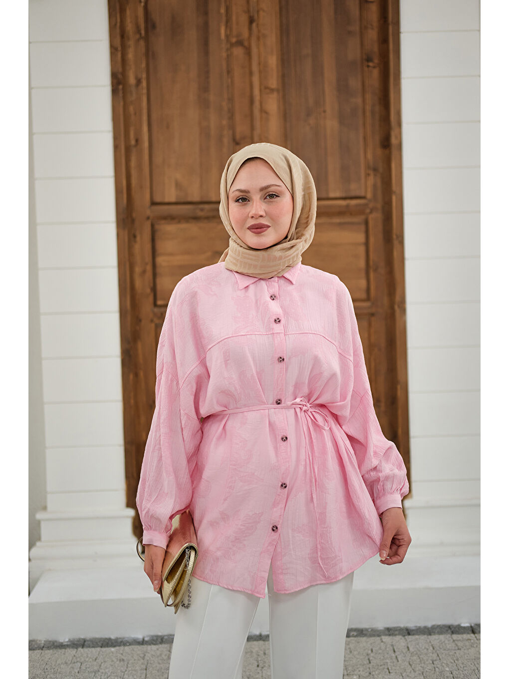 Kadın Yaprak Desen Bel Bağlamalı Gömlek Pembe-3