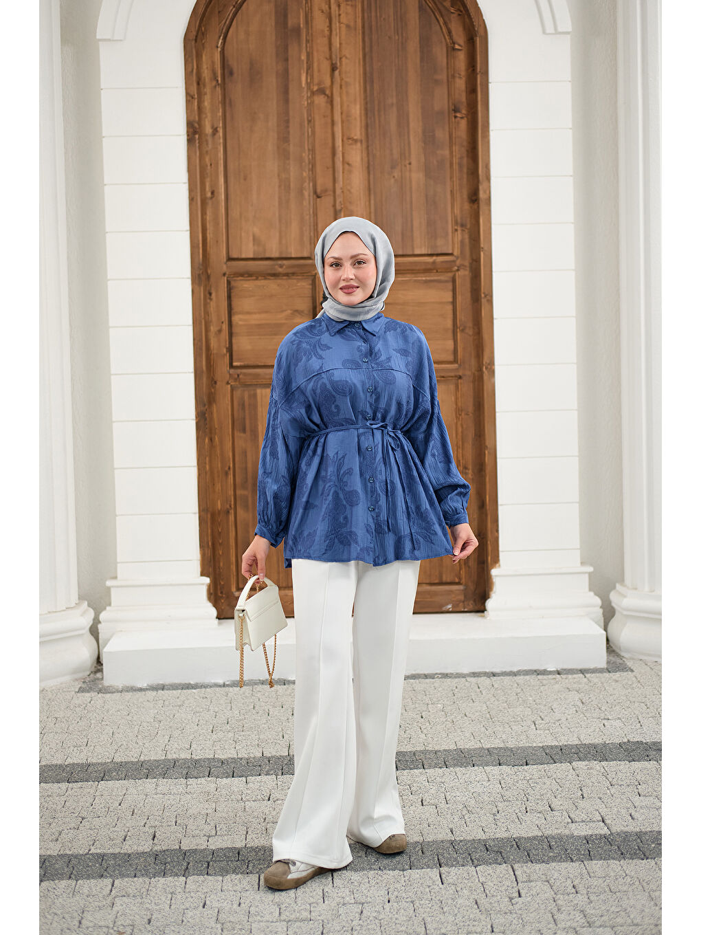 Kadın Yaprak Desen Bel Bağlamalı Gömlek Lacivert-4