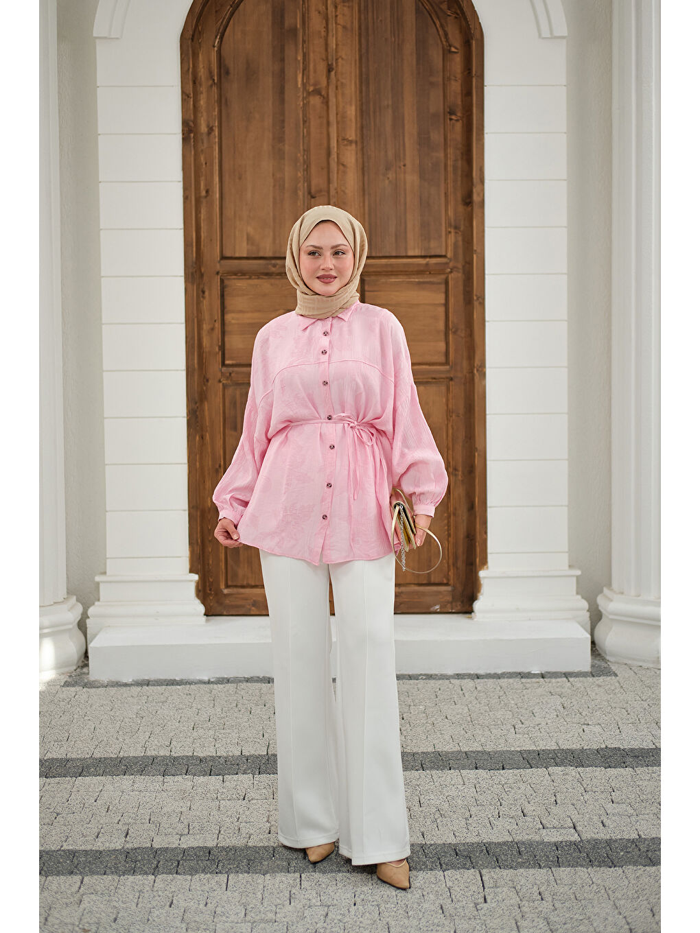 Kadın Yaprak Desen Bel Bağlamalı Gömlek Pembe-4