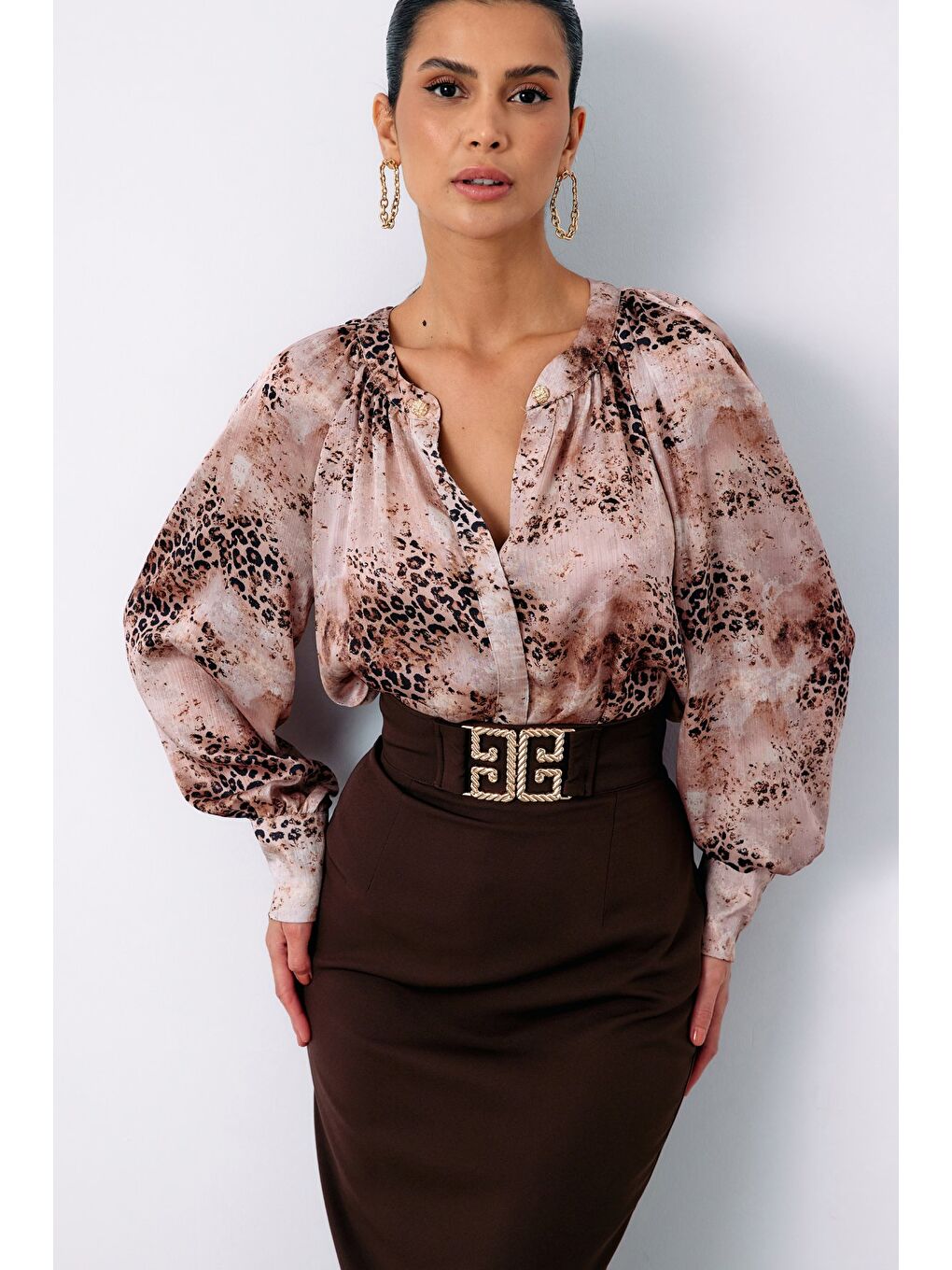 Bej Düğmeli Yaka Desenli Gömlek - Vizon-1