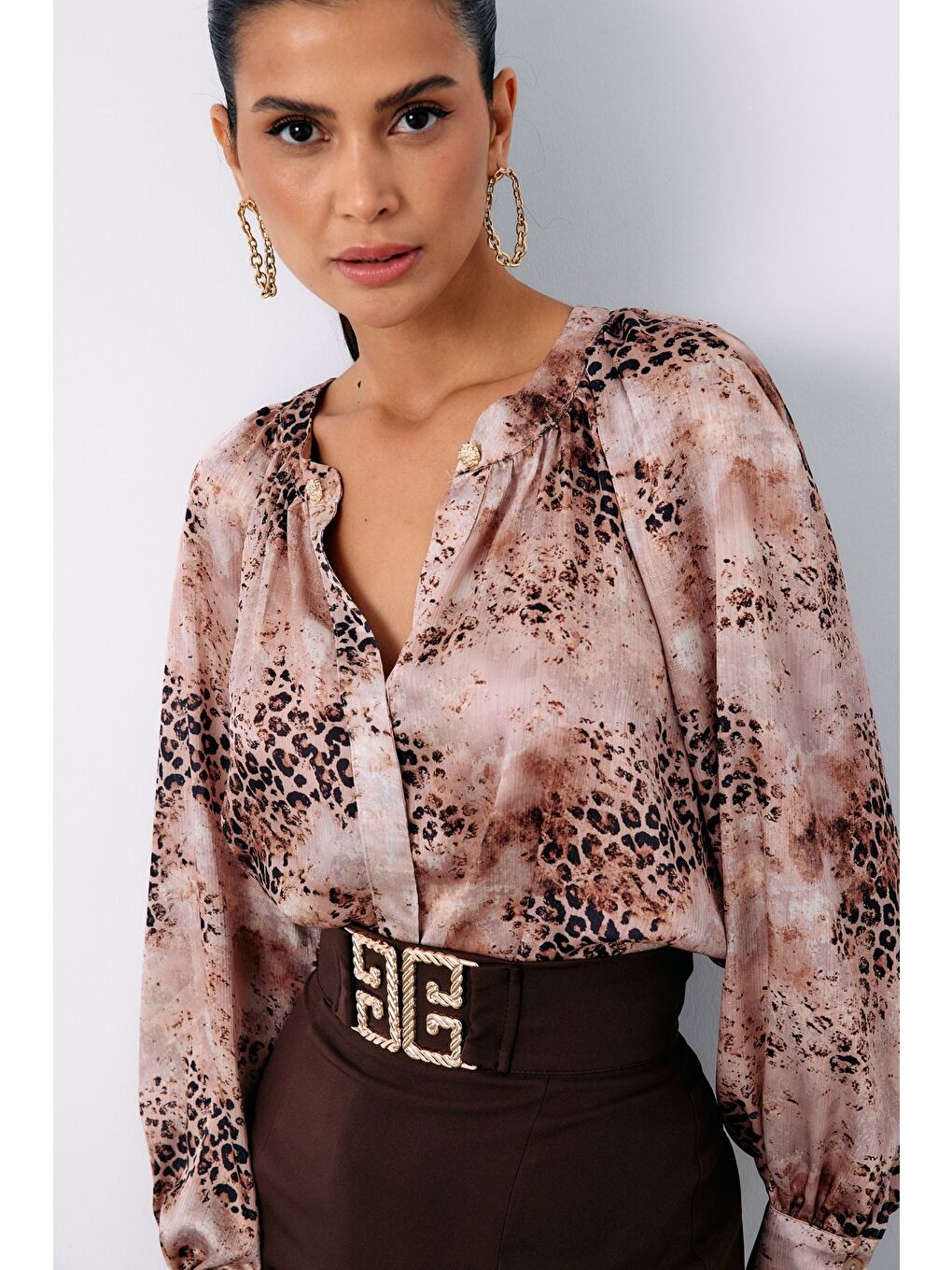 Bej Düğmeli Yaka Desenli Gömlek - Vizon-3