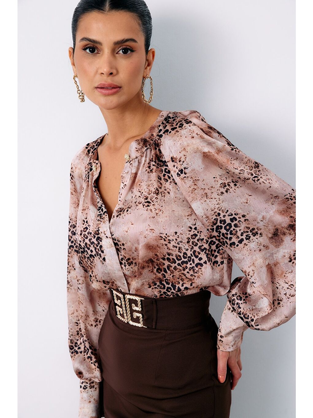 Bej Düğmeli Yaka Desenli Gömlek - Vizon-4