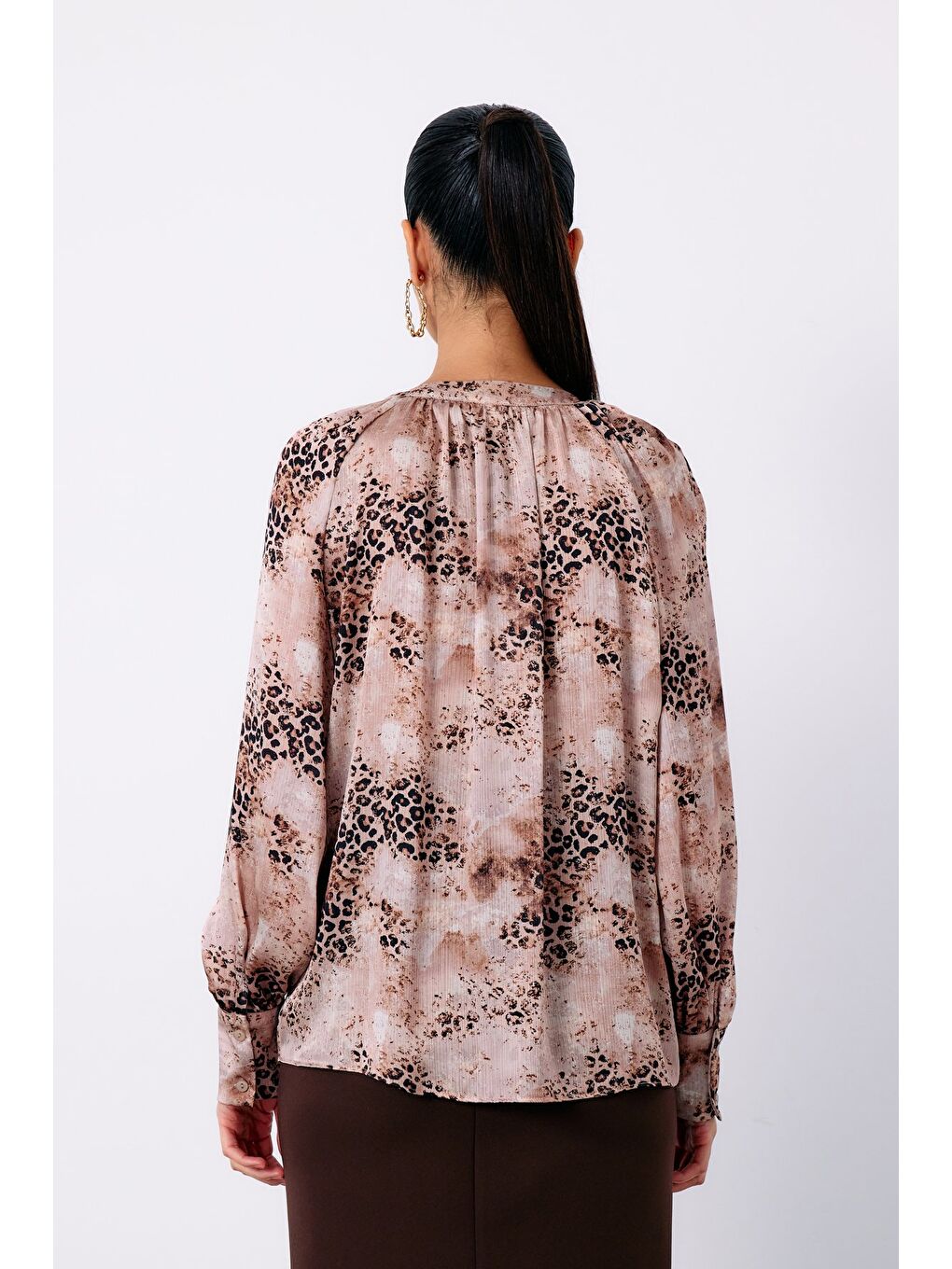 Bej Düğmeli Yaka Desenli Gömlek - Vizon-5