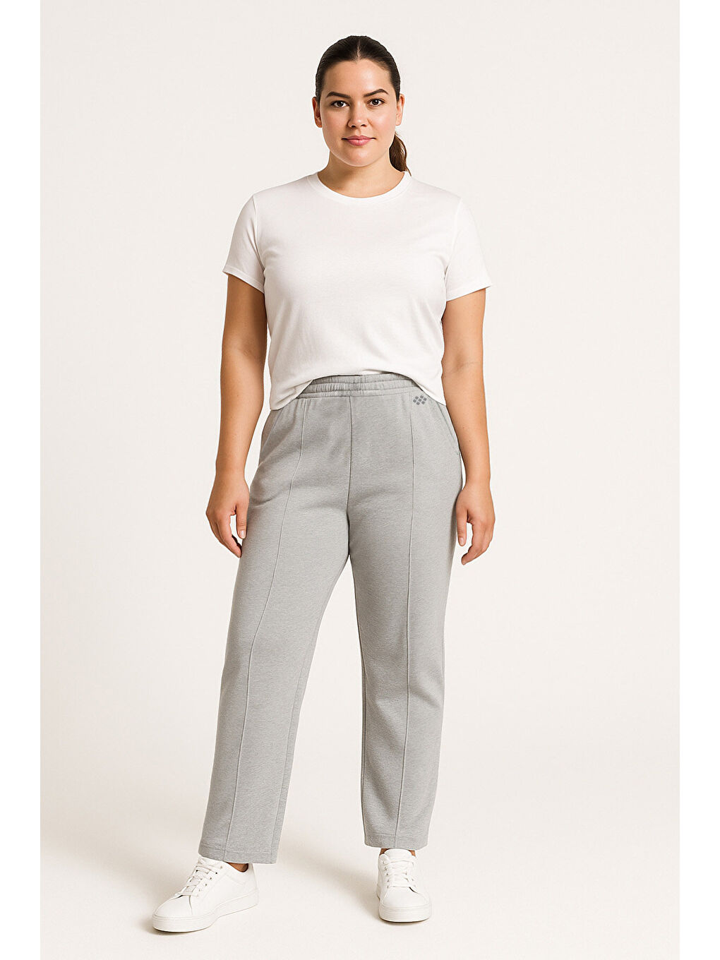 Gri Melanj Geniş Paça Ön Dikiş Detaylı Battal Büyük Beden Kadın Eşofman Altı - 94654