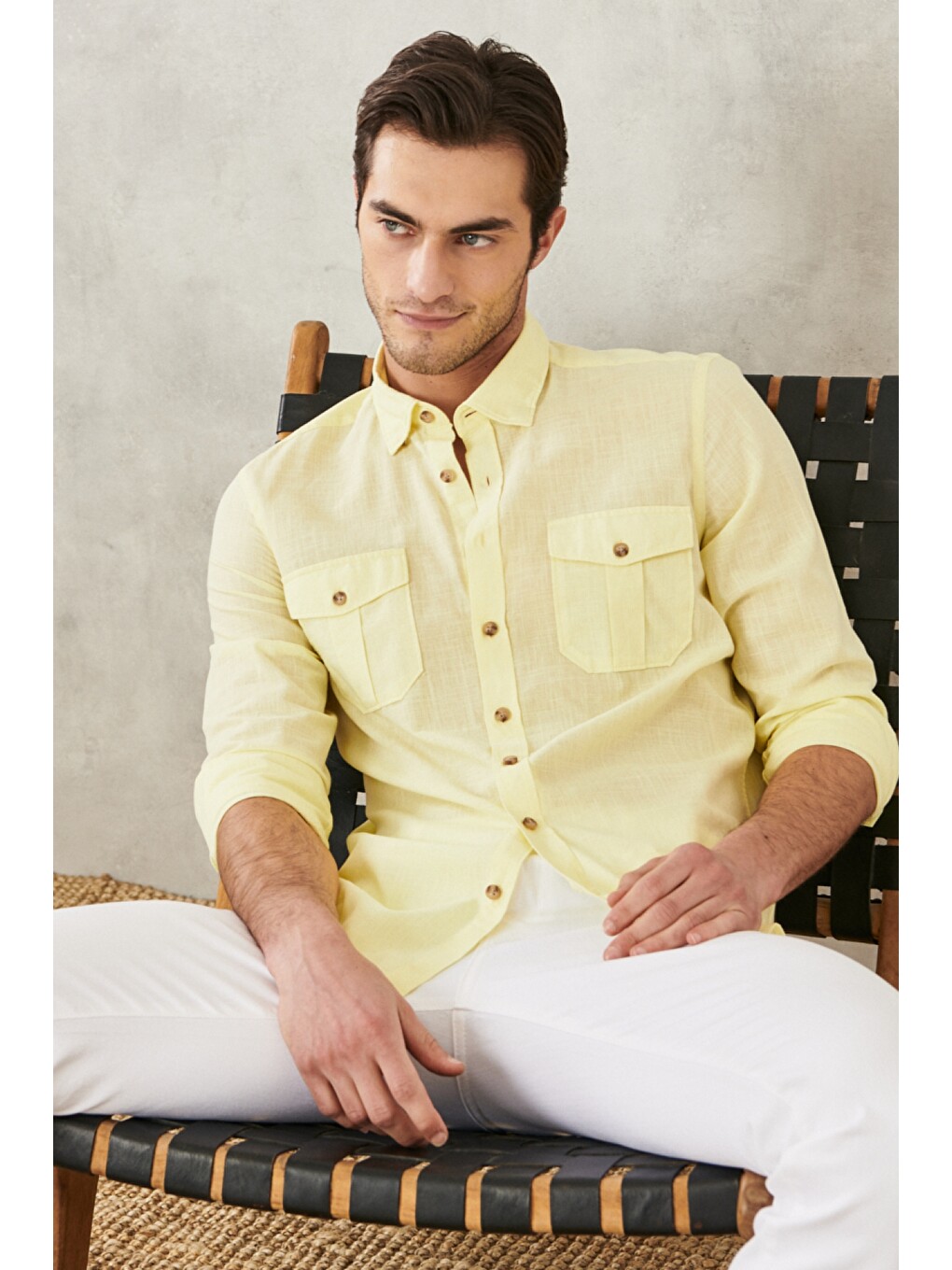 Erkek Sarı Slim Fit Dar Kesim Düğmeli Yaka %100 Pamuk Flamlı Gömlek-4