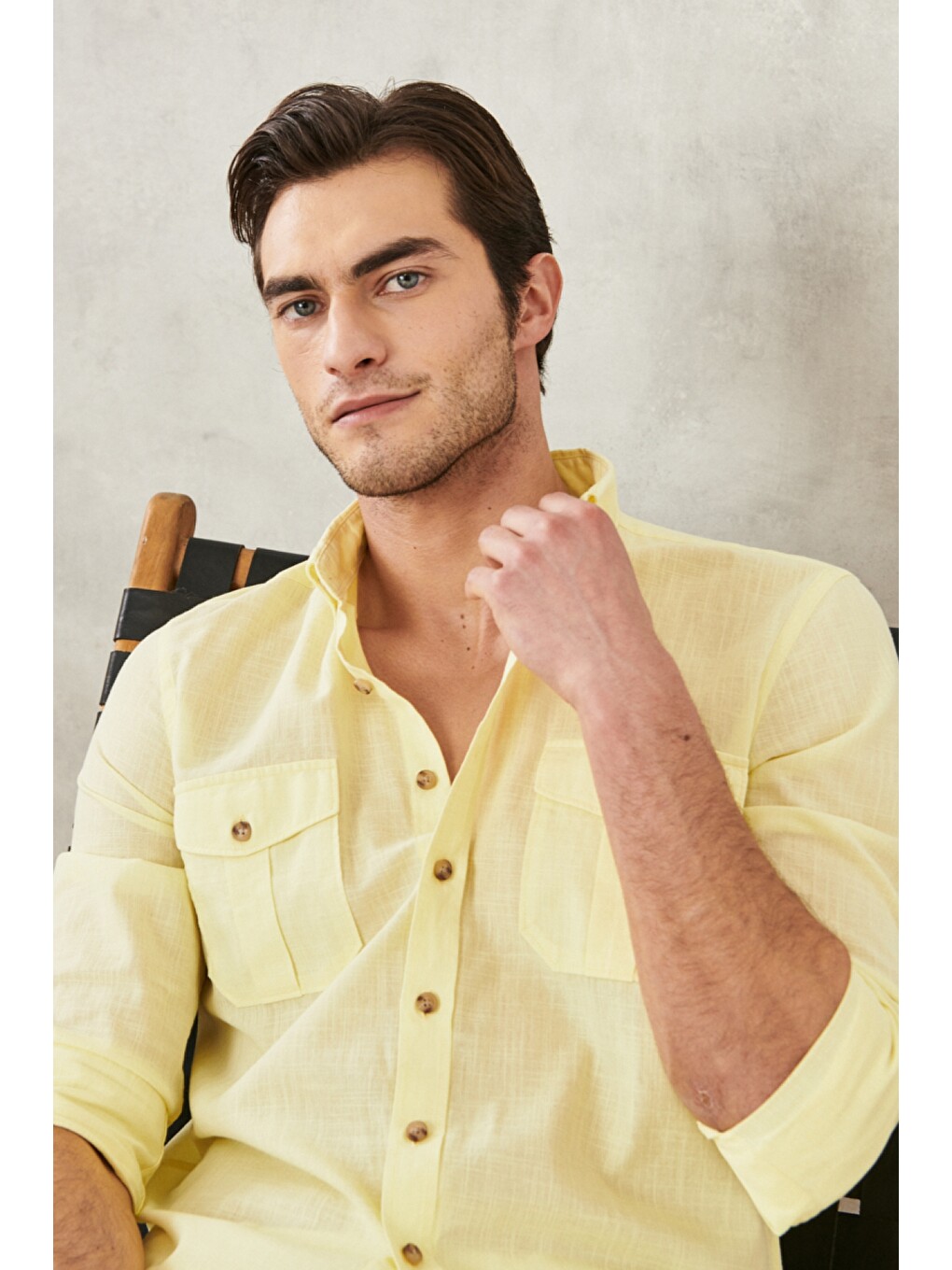 Erkek Sarı Slim Fit Dar Kesim Düğmeli Yaka %100 Pamuk Flamlı Gömlek-5