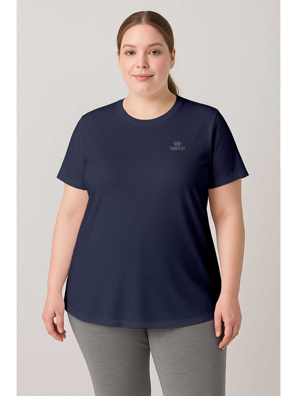 İndigo Baskılı O Yaka Rahat Form Battal Büyük Beden Kadın T-Shirt - 97308